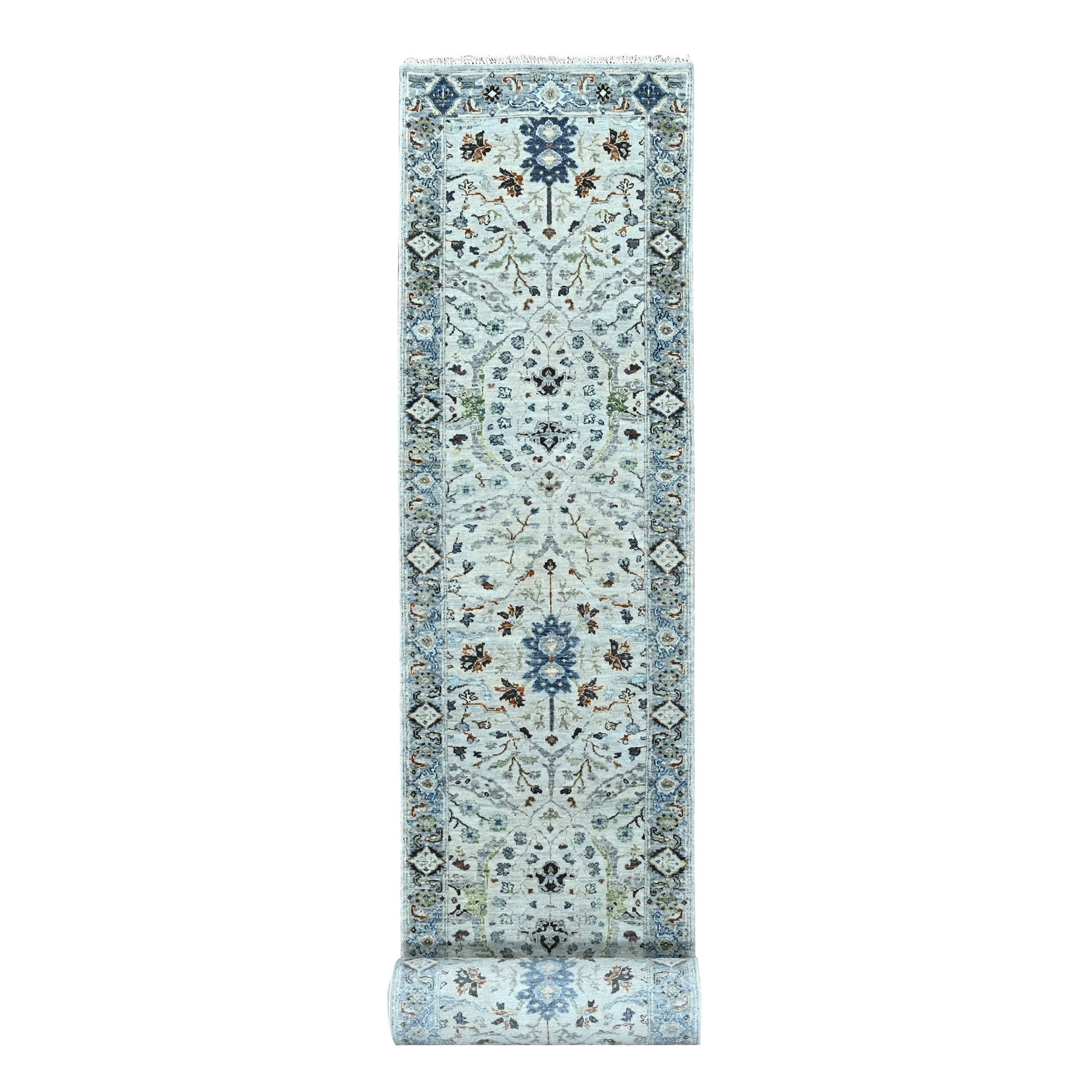 2'8"x23'10" Cloudy Gray, Natural Dyes, Oushak Design, Hand Knotted Velvety Wool, Denser Weave, Floral Pattern, XL Runner Oriental Rug HR84986