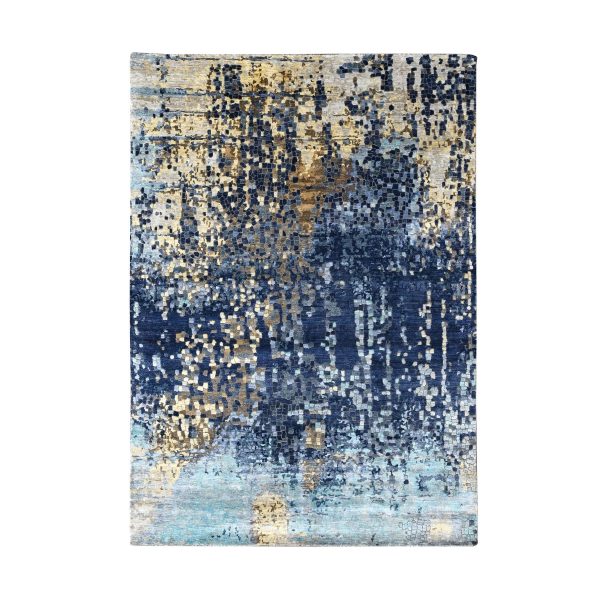 6'1"x8'10" Honorable Blue, Wool and Silk, Densely Woven, Persian Knot, Modern Mosaic Design With Gold Accent, Hand Knotted, Oriental Rug HR84990