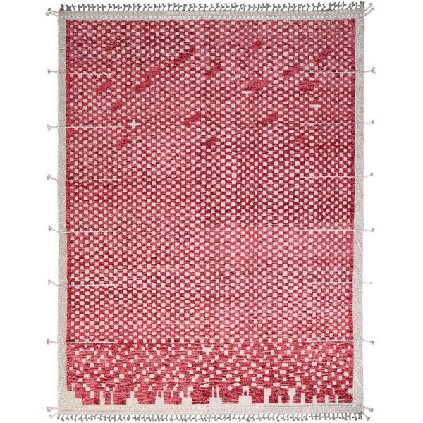 9'1"x12'5" Chilli Pepper Red With Narrow Border, Hand Knotted, 100% Wool, All Over Grid Design, Marmoucha Inspired Moroccan Oriental Rug HR86500