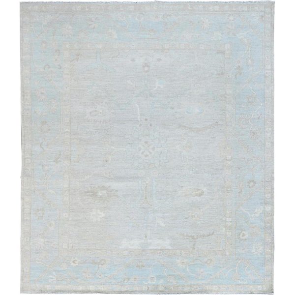 8'2"x9'6" Sky Gray and Pale Blue, Soft to The Touch, Pure Wool, Vegetable Dyes, Hand Knotted White Wash Peshawar, Chobi Oriental Rug HR86512