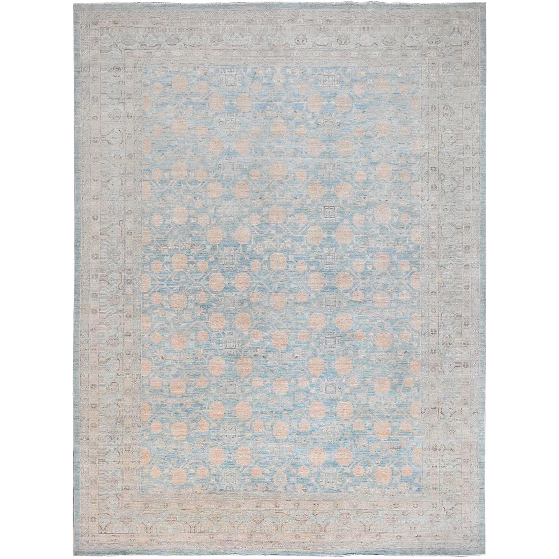 10'x13'6" Murmur Blue, White Wash Peshawar with All Over Khotan Repetitive Pomegranate Design, Pure Wool, Hand Knotted, Natural Dyes, Oriental Rug HR86517