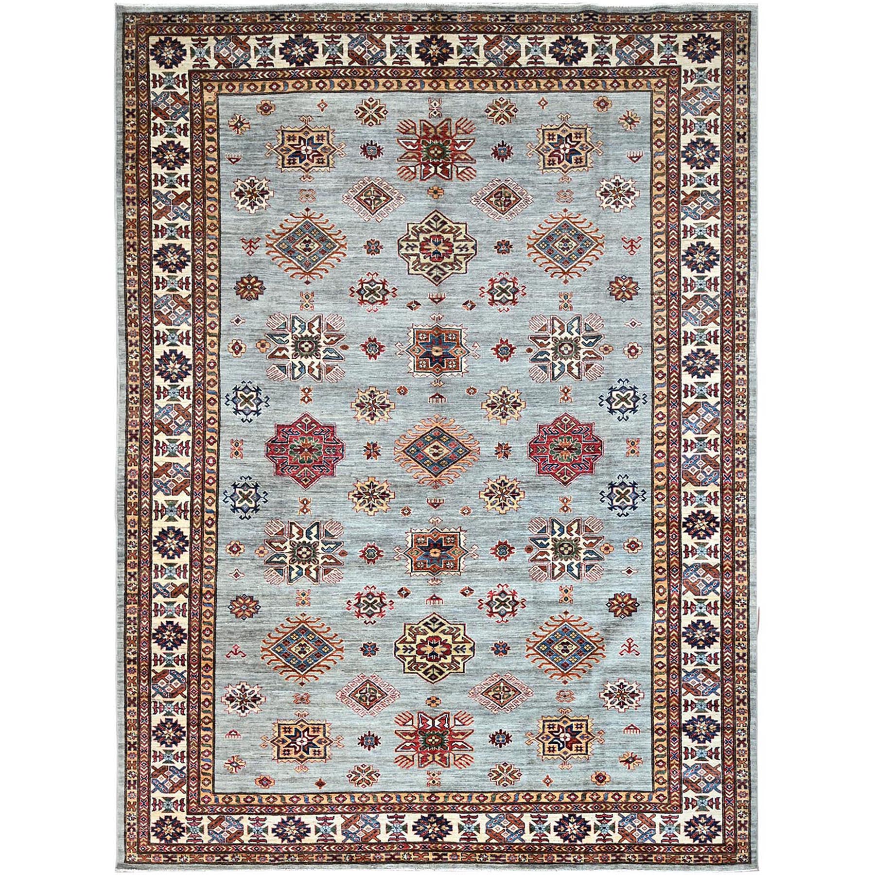9'x12' Puritan Gray, Cloud White Border, Hand Knotted Densely Woven, Afghan Super Kazak with All Over Geometric Motifs, Soft, Velvety Wool, Natural Dyes, Oriental Rug HR86535