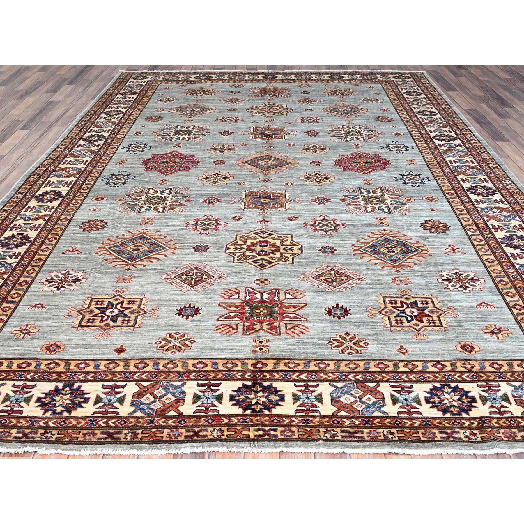 9'x12' Puritan Gray, Cloud White Border, Hand Knotted Densely Woven, Afghan Super Kazak with All Over Geometric Motifs, Soft, Velvety Wool, Natural Dyes, Oriental Rug HR86535 - Image 3