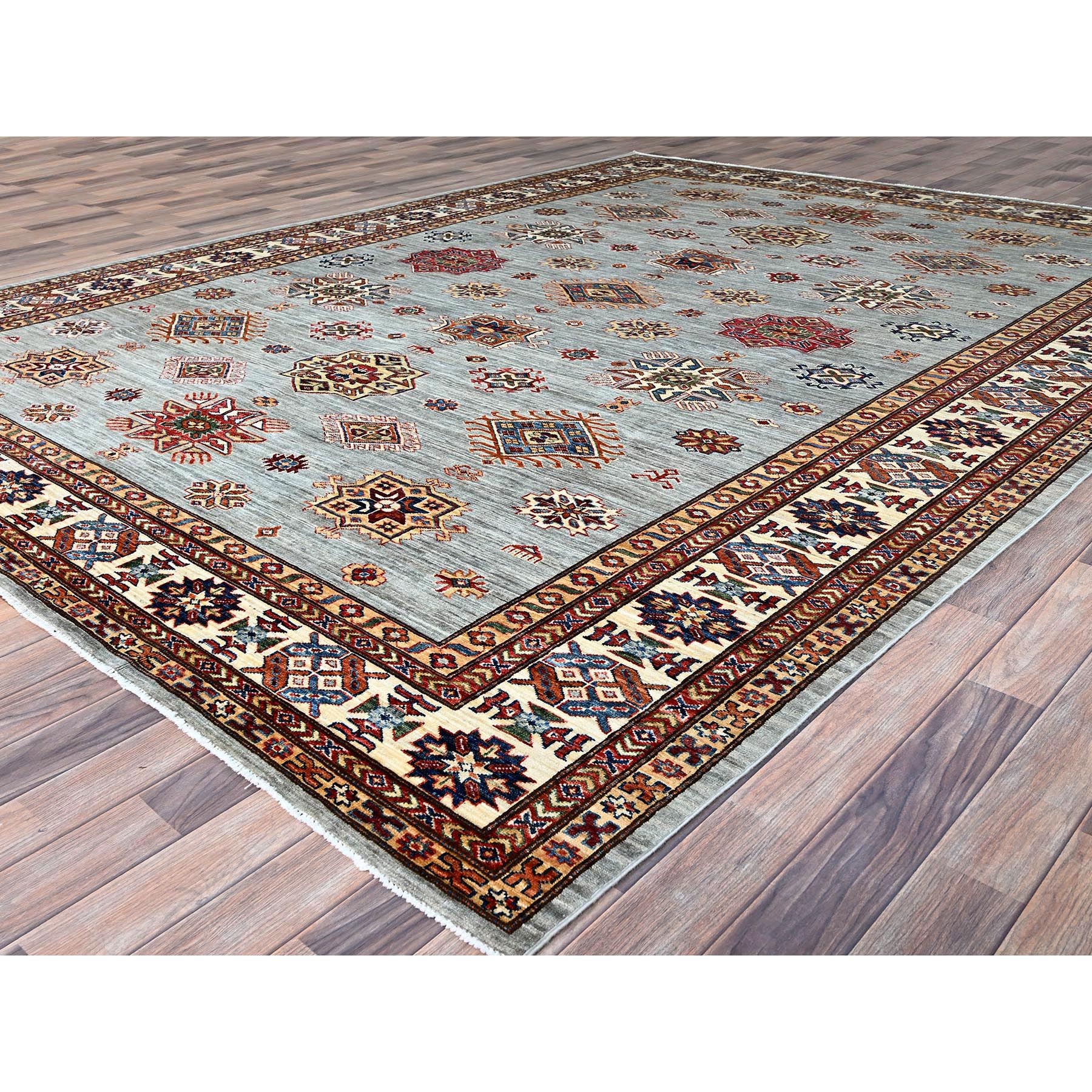 9'x12' Puritan Gray, Cloud White Border, Hand Knotted Densely Woven, Afghan Super Kazak with All Over Geometric Motifs, Soft, Velvety Wool, Natural Dyes, Oriental Rug HR86535 - Image 4