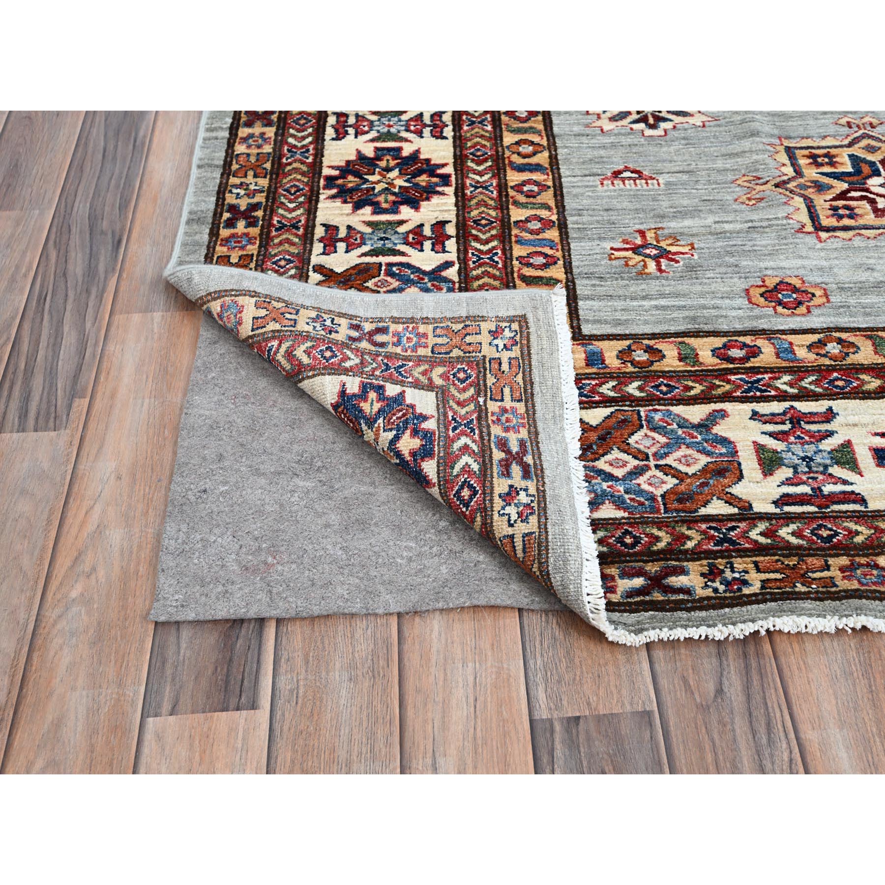 9'x12' Puritan Gray, Cloud White Border, Hand Knotted Densely Woven, Afghan Super Kazak with All Over Geometric Motifs, Soft, Velvety Wool, Natural Dyes, Oriental Rug HR86535 - Image 5