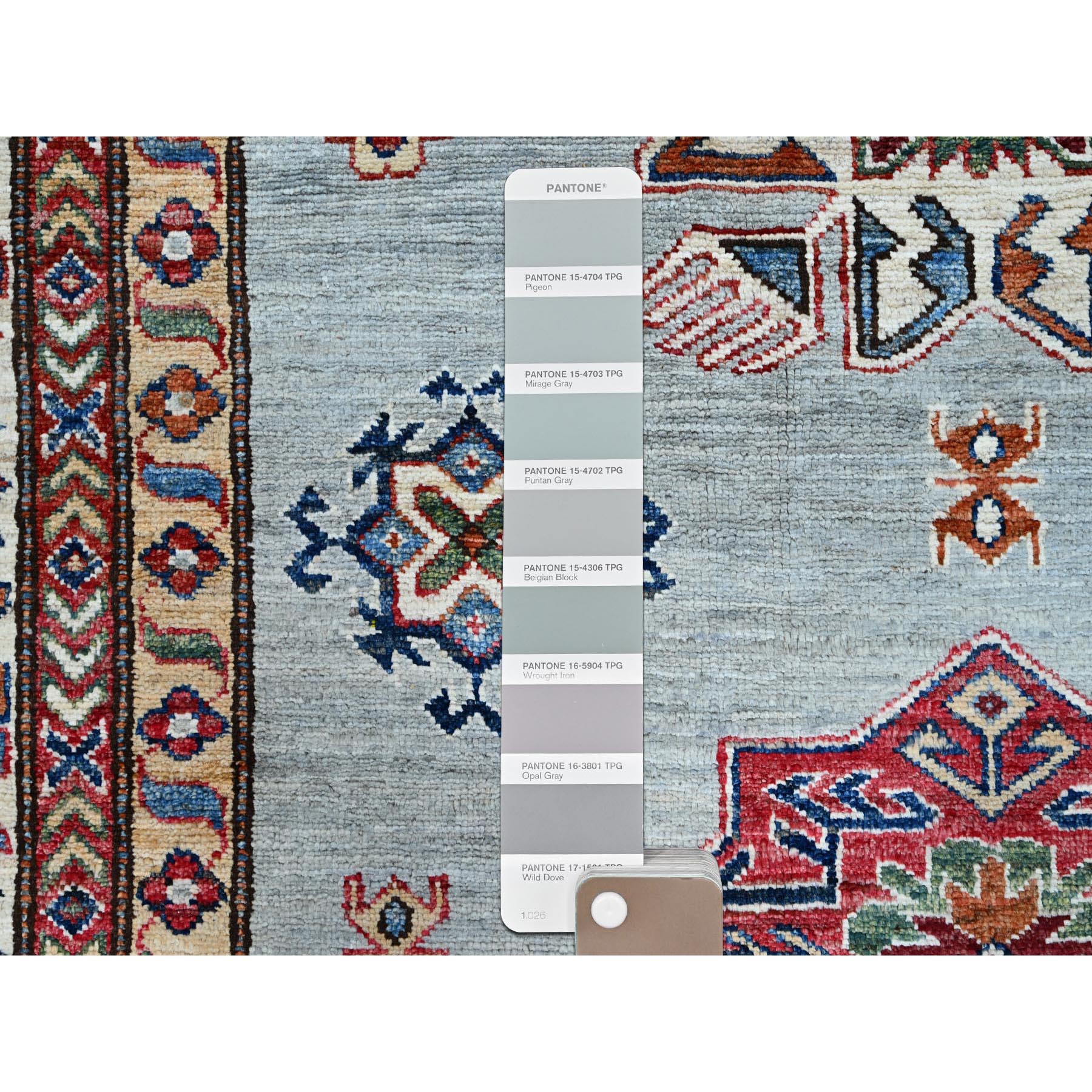 9'x12' Puritan Gray, Cloud White Border, Hand Knotted Densely Woven, Afghan Super Kazak with All Over Geometric Motifs, Soft, Velvety Wool, Natural Dyes, Oriental Rug HR86535 - Image 8
