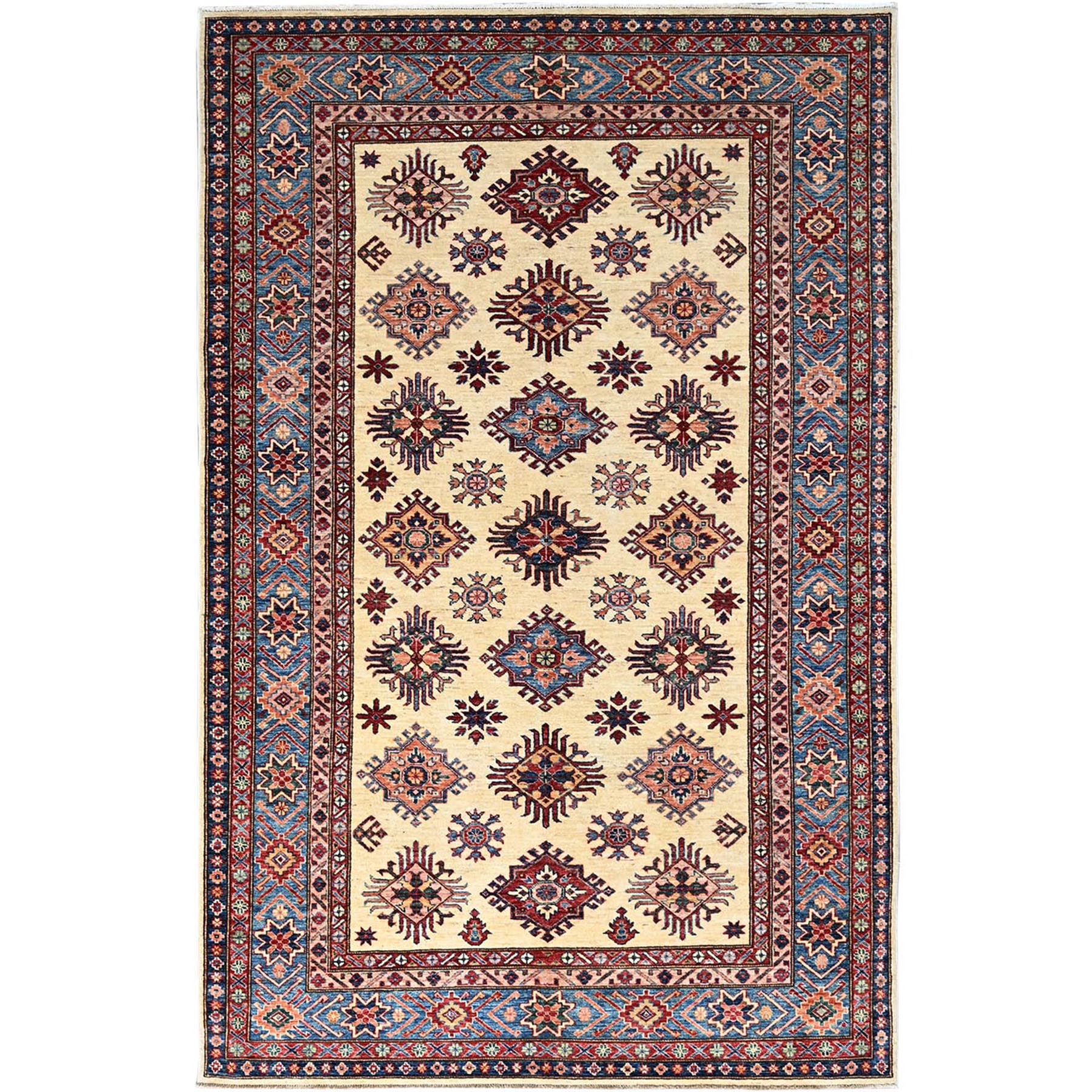 6'x9'3" Heron White, Natural Dyes, Densely Woven Organic Wool, Hand Knotted Afghan Super Kazak Geometric Elements Oriental Rug HR86559