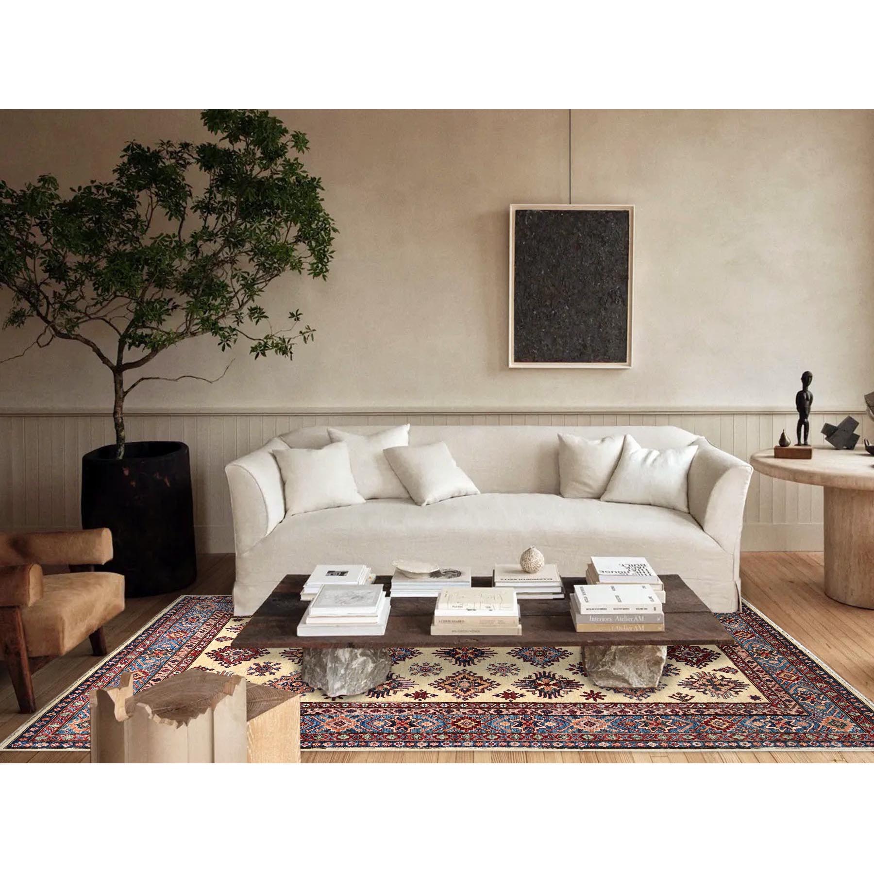 6'x9'3" Heron White, Natural Dyes, Densely Woven Organic Wool, Hand Knotted Afghan Super Kazak Geometric Elements Oriental Rug HR86559 - Image 2