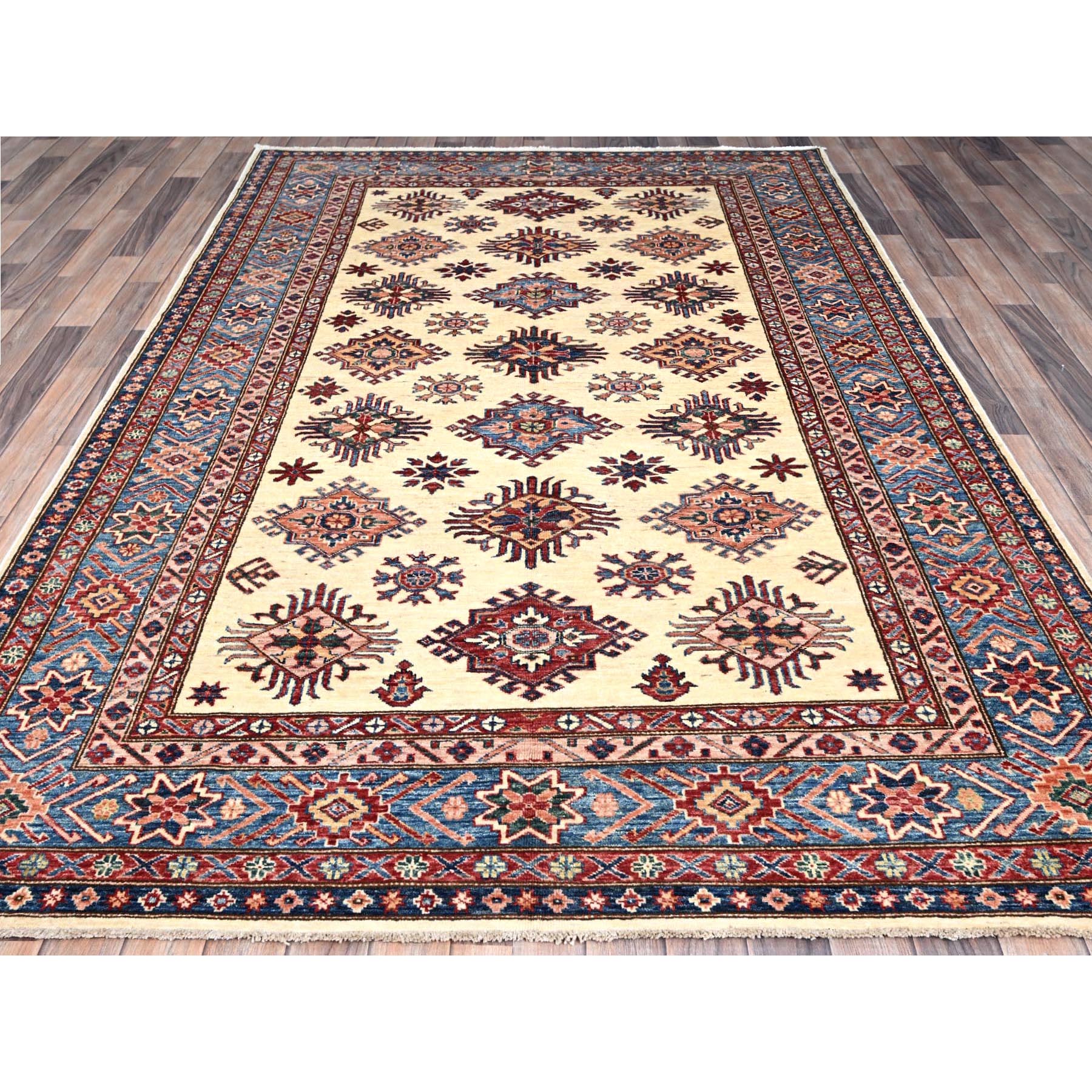 6'x9'3" Heron White, Natural Dyes, Densely Woven Organic Wool, Hand Knotted Afghan Super Kazak Geometric Elements Oriental Rug HR86559 - Image 3