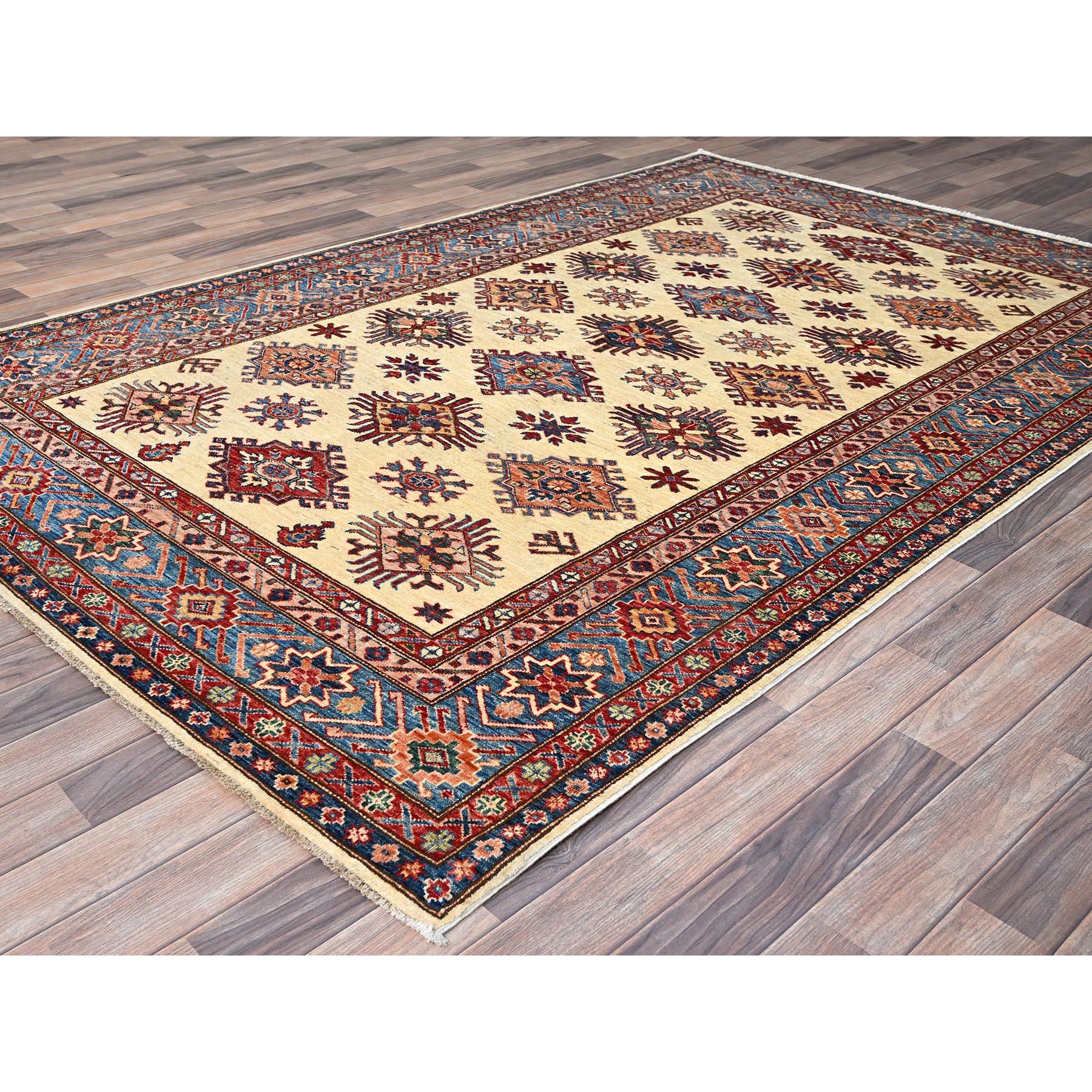 6'x9'3" Heron White, Natural Dyes, Densely Woven Organic Wool, Hand Knotted Afghan Super Kazak Geometric Elements Oriental Rug HR86559 - Image 4