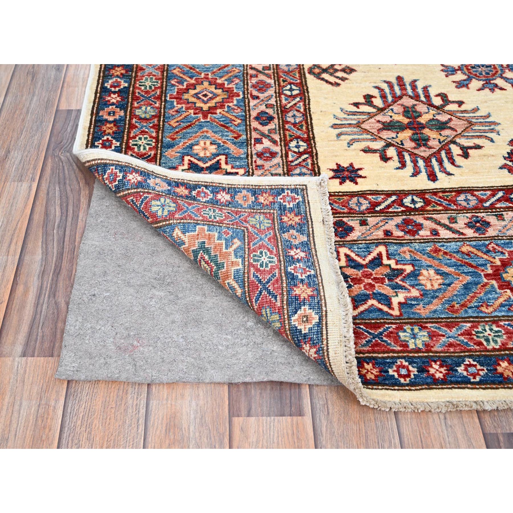 6'x9'3" Heron White, Natural Dyes, Densely Woven Organic Wool, Hand Knotted Afghan Super Kazak Geometric Elements Oriental Rug HR86559 - Image 5