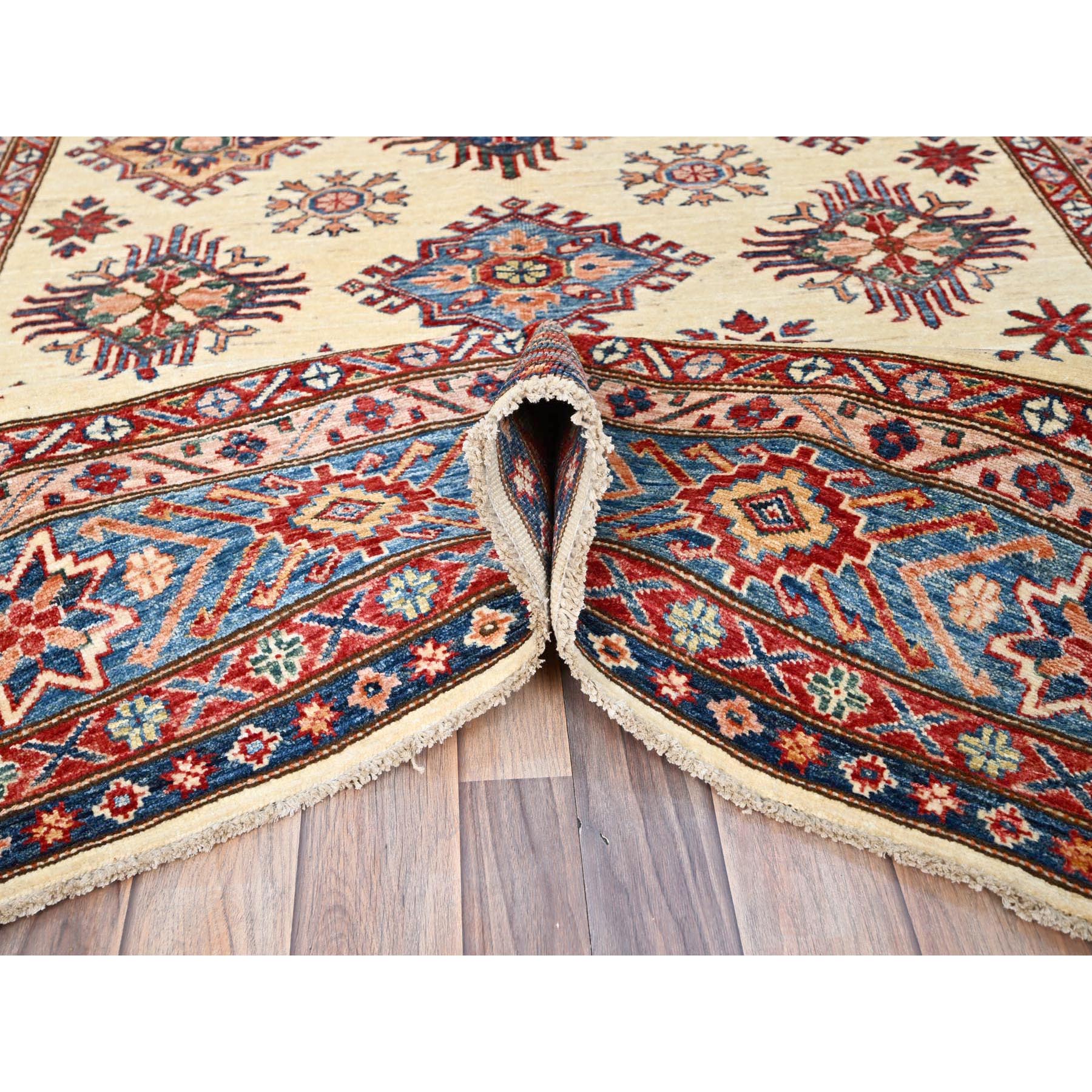 6'x9'3" Heron White, Natural Dyes, Densely Woven Organic Wool, Hand Knotted Afghan Super Kazak Geometric Elements Oriental Rug HR86559 - Image 6