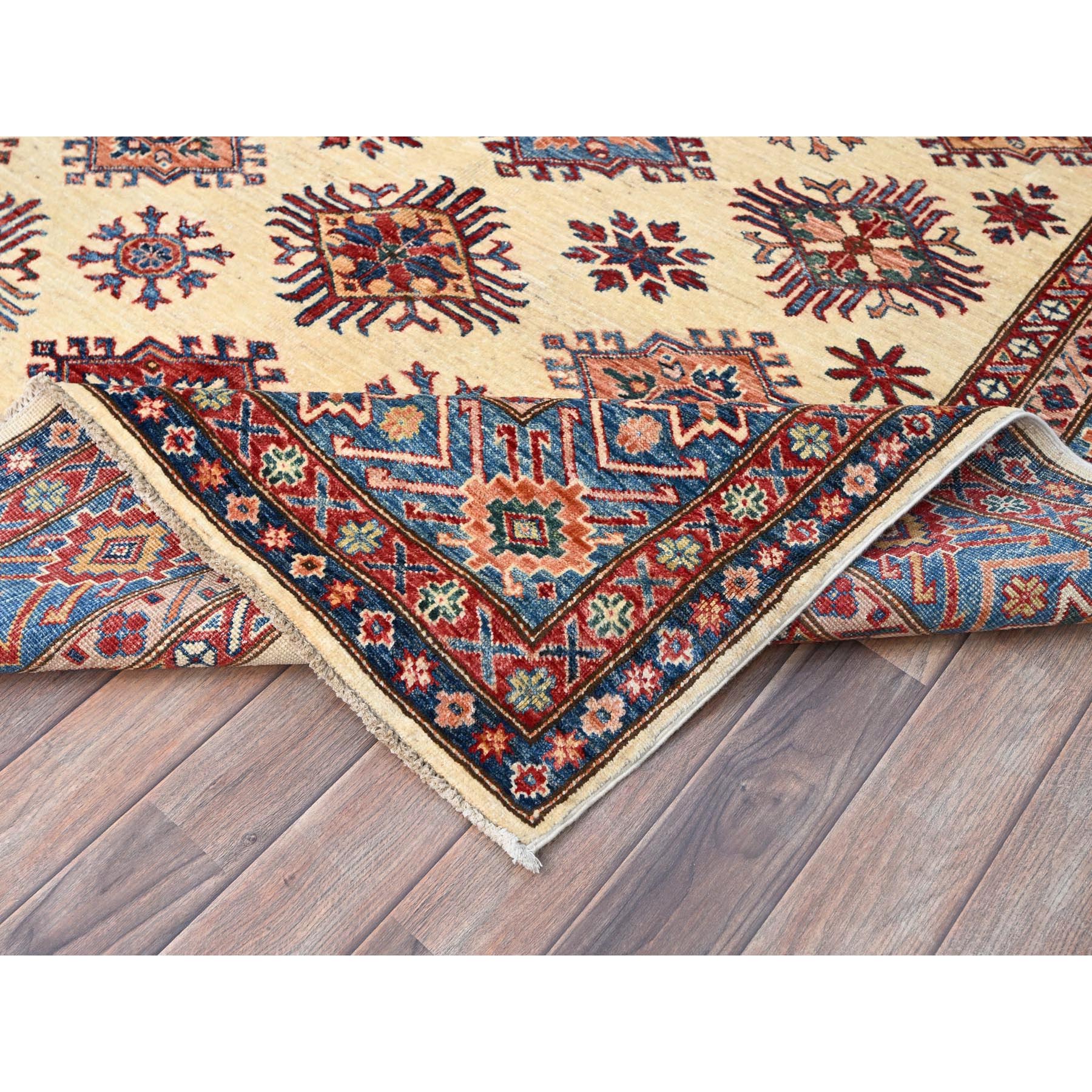 6'x9'3" Heron White, Natural Dyes, Densely Woven Organic Wool, Hand Knotted Afghan Super Kazak Geometric Elements Oriental Rug HR86559 - Image 7