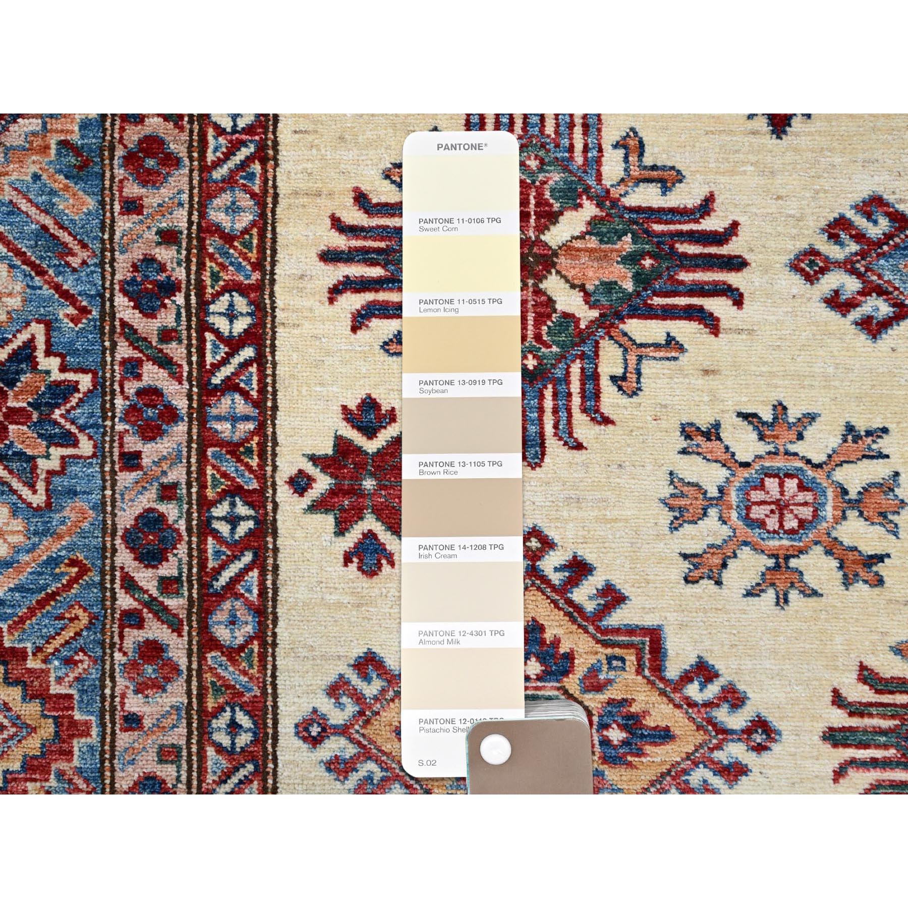 6'x9'3" Heron White, Natural Dyes, Densely Woven Organic Wool, Hand Knotted Afghan Super Kazak Geometric Elements Oriental Rug HR86559 - Image 8