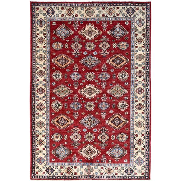 6'x8'8" Fire Brick Red, Afghan Tribal Super Kazak With All Over Medallions, Natural Dyes, Soft and Velvety Pure Wool, Hand Knotted, Oriental Rug HR86560