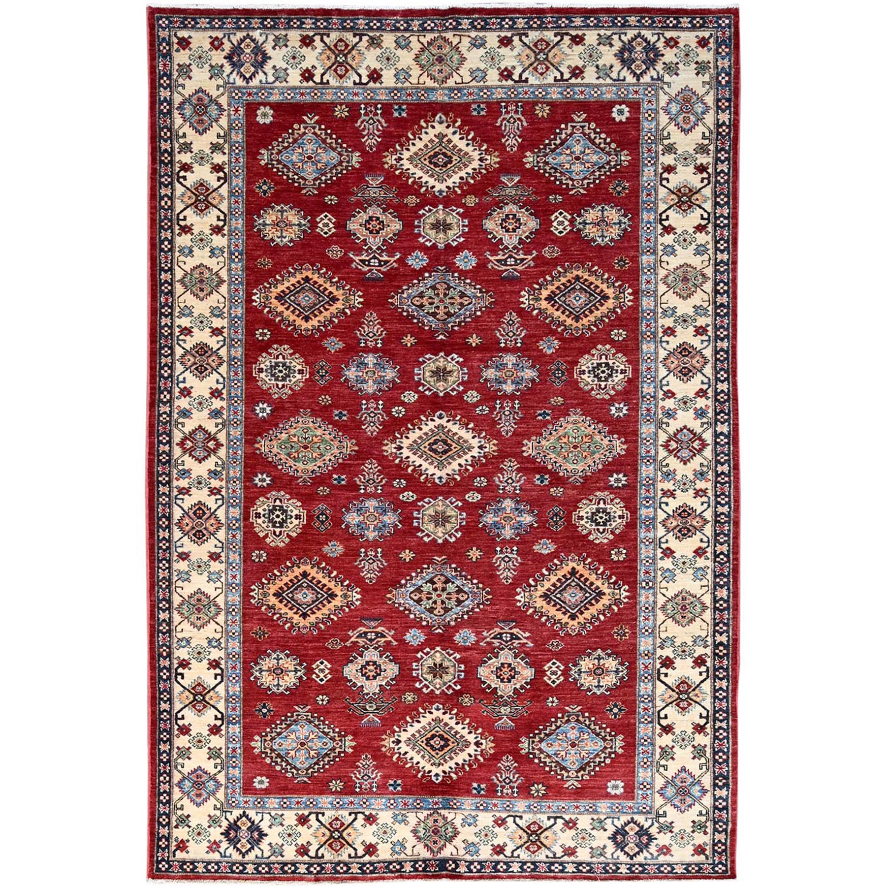 6'x8'8" Fire Brick Red, Afghan Tribal Super Kazak With All Over Medallions, Natural Dyes, Soft and Velvety Pure Wool, Hand Knotted, Oriental Rug HR86560