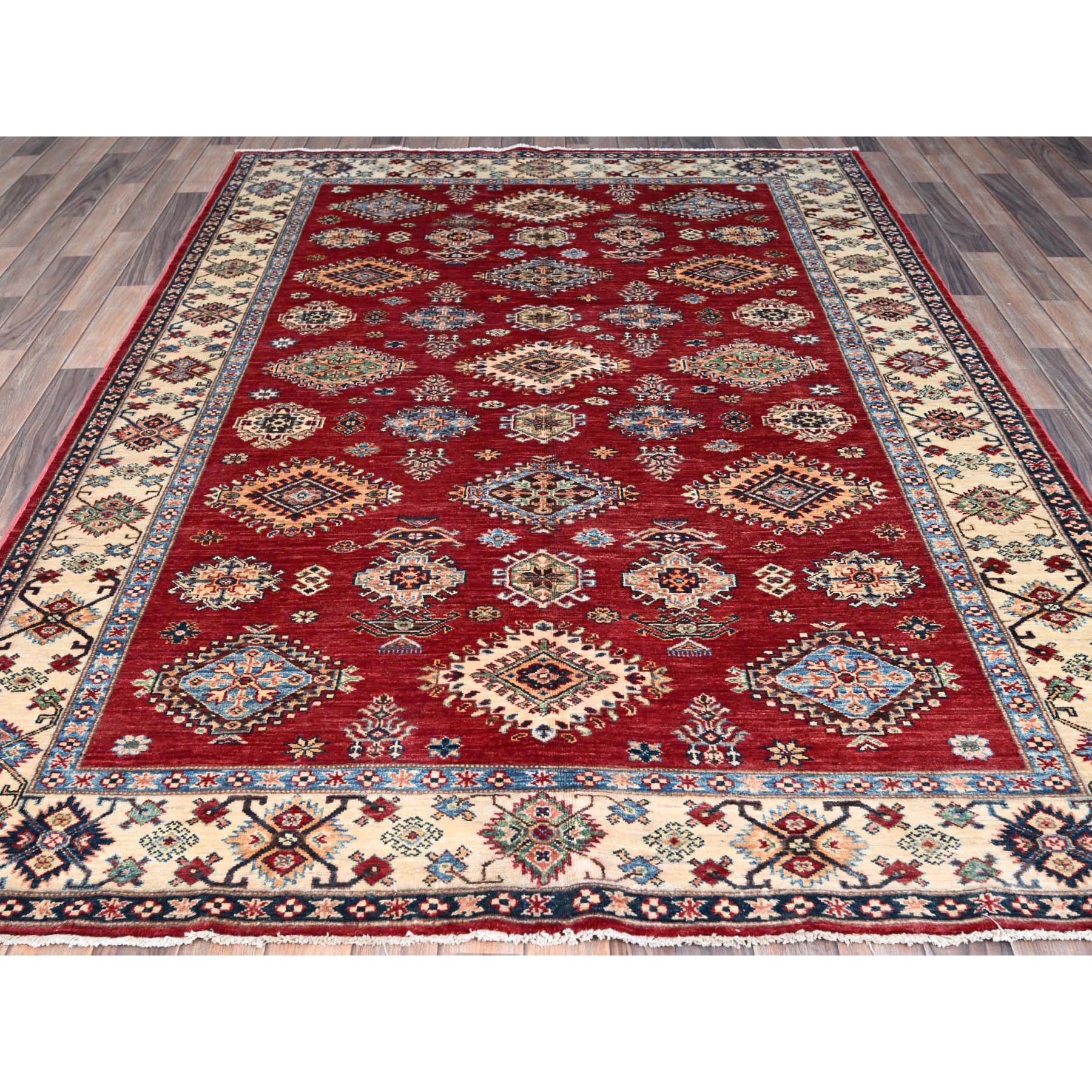 6'x8'8" Fire Brick Red, Afghan Tribal Super Kazak With All Over Medallions, Natural Dyes, Soft and Velvety Pure Wool, Hand Knotted, Oriental Rug HR86560 - Image 3