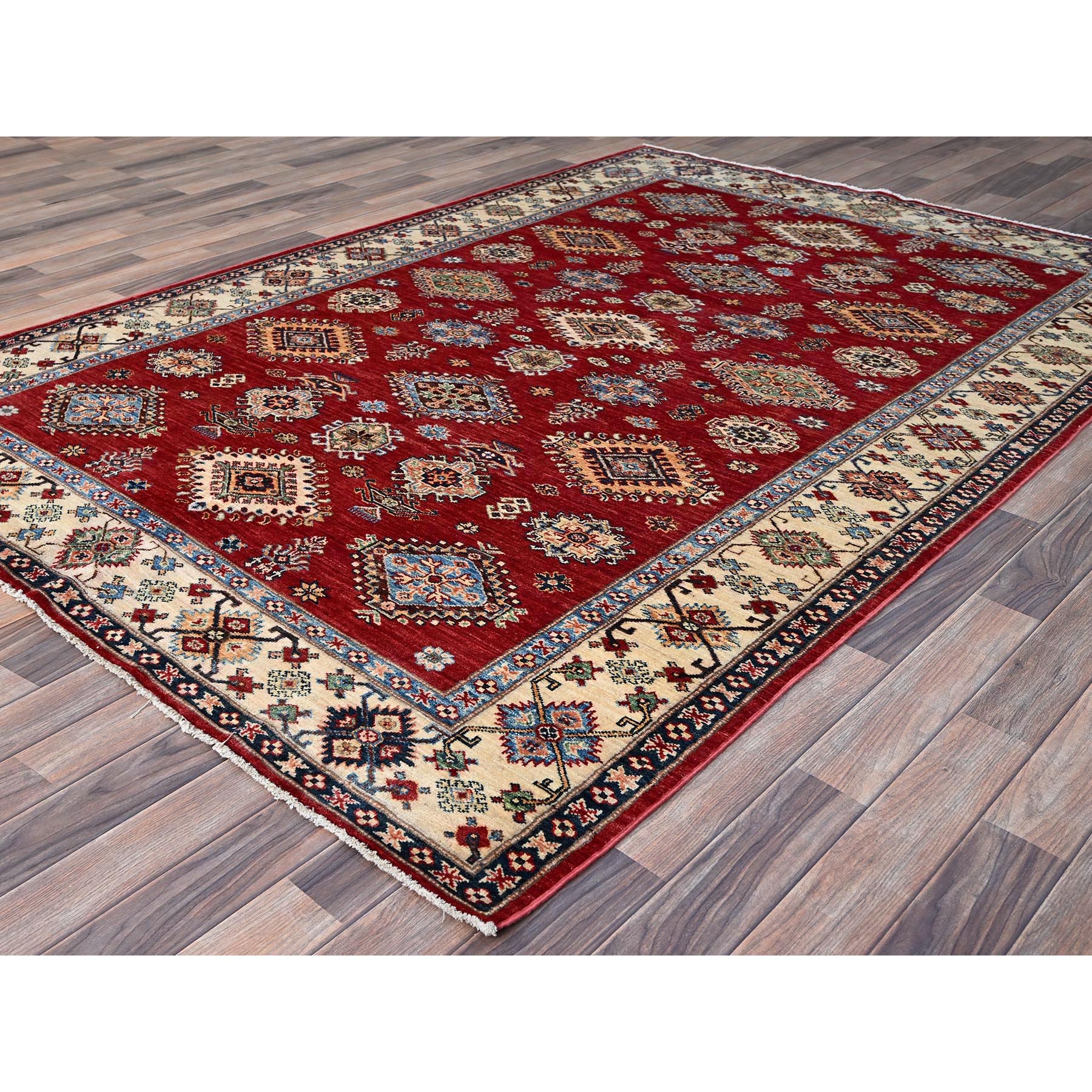 6'x8'8" Fire Brick Red, Afghan Tribal Super Kazak With All Over Medallions, Natural Dyes, Soft and Velvety Pure Wool, Hand Knotted, Oriental Rug HR86560 - Image 4
