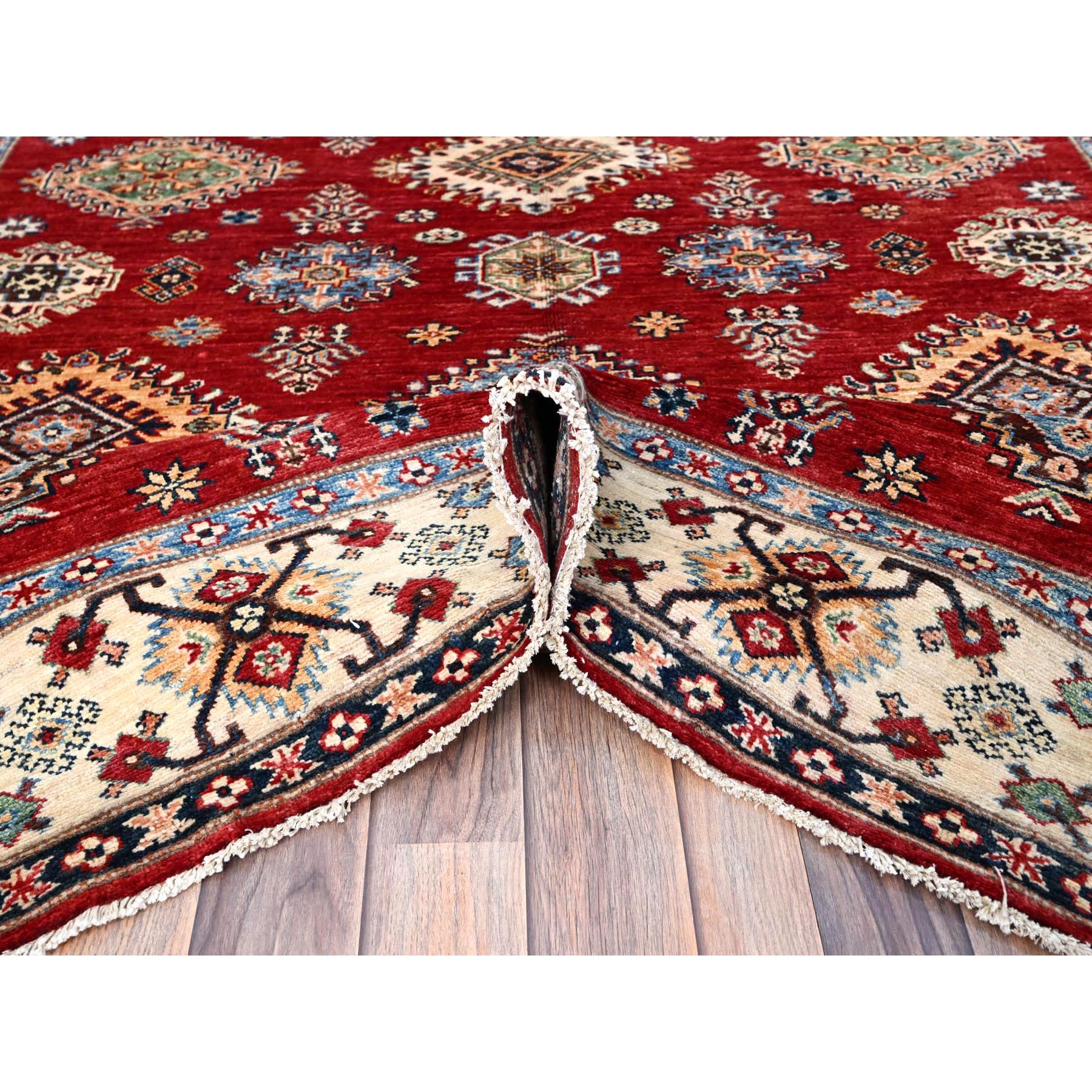 6'x8'8" Fire Brick Red, Afghan Tribal Super Kazak With All Over Medallions, Natural Dyes, Soft and Velvety Pure Wool, Hand Knotted, Oriental Rug HR86560 - Image 6