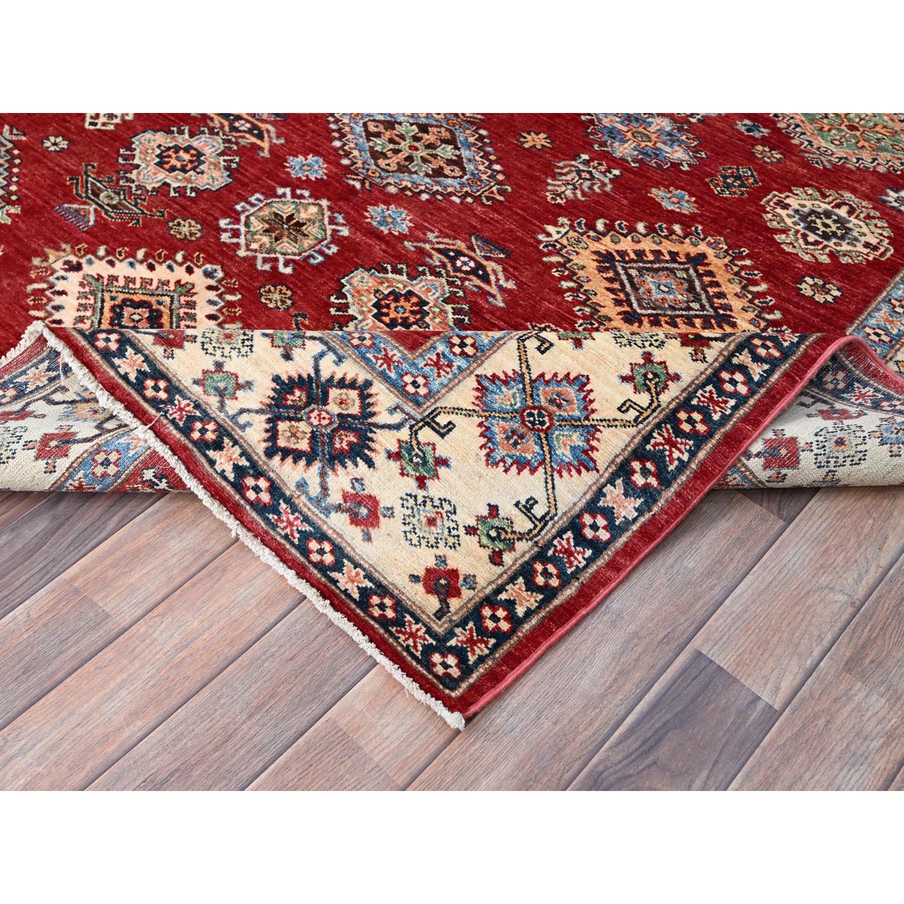 6'x8'8" Fire Brick Red, Afghan Tribal Super Kazak With All Over Medallions, Natural Dyes, Soft and Velvety Pure Wool, Hand Knotted, Oriental Rug HR86560 - Image 7