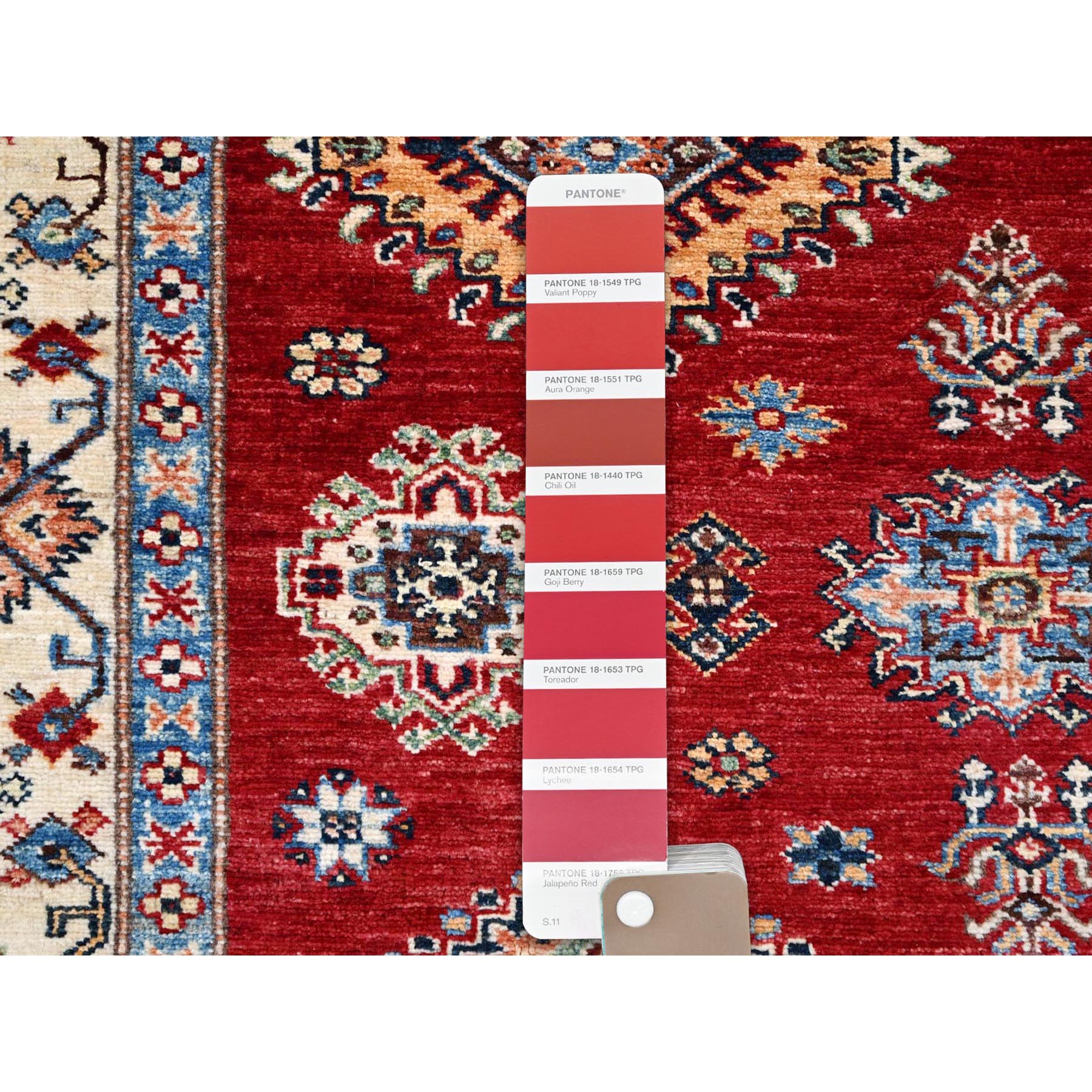 6'x8'8" Fire Brick Red, Afghan Tribal Super Kazak With All Over Medallions, Natural Dyes, Soft and Velvety Pure Wool, Hand Knotted, Oriental Rug HR86560 - Image 8