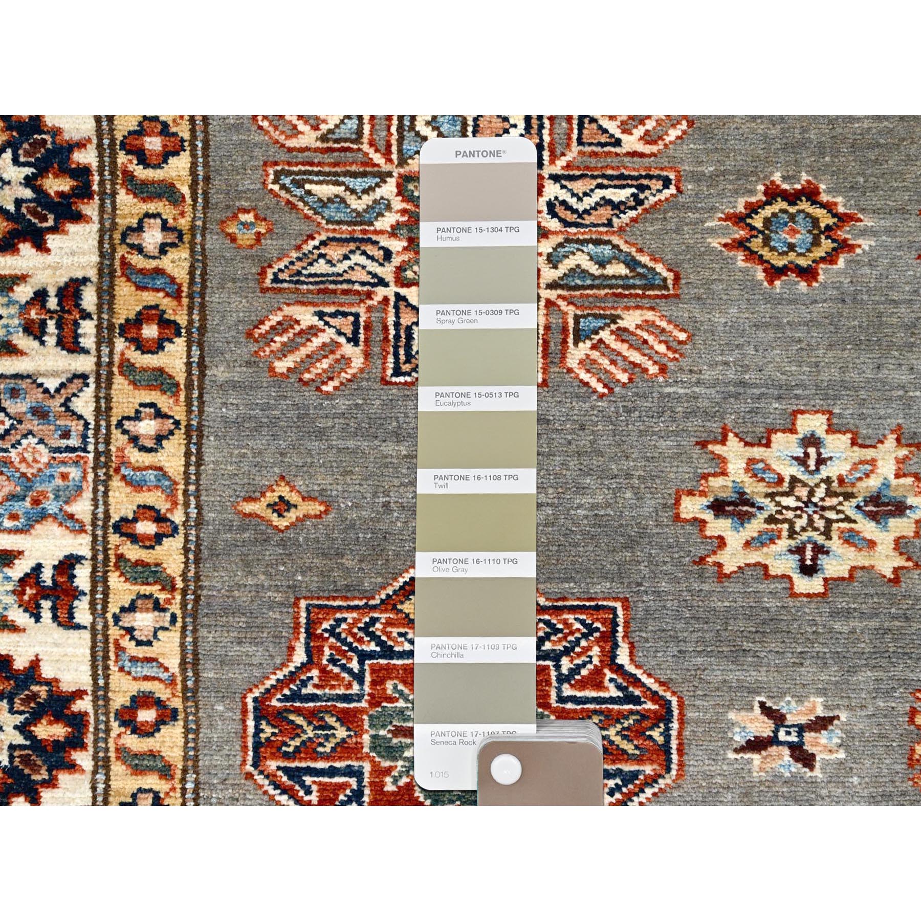 4'10"x6'6" Chinchilla Gray and Nacre White, Shiny Wool, Vegetable Dyes, Afghan Super Kazak with All Over Medallions, Hand Knotted, Denser Weave Oriental Rug HR86570 - Image 4