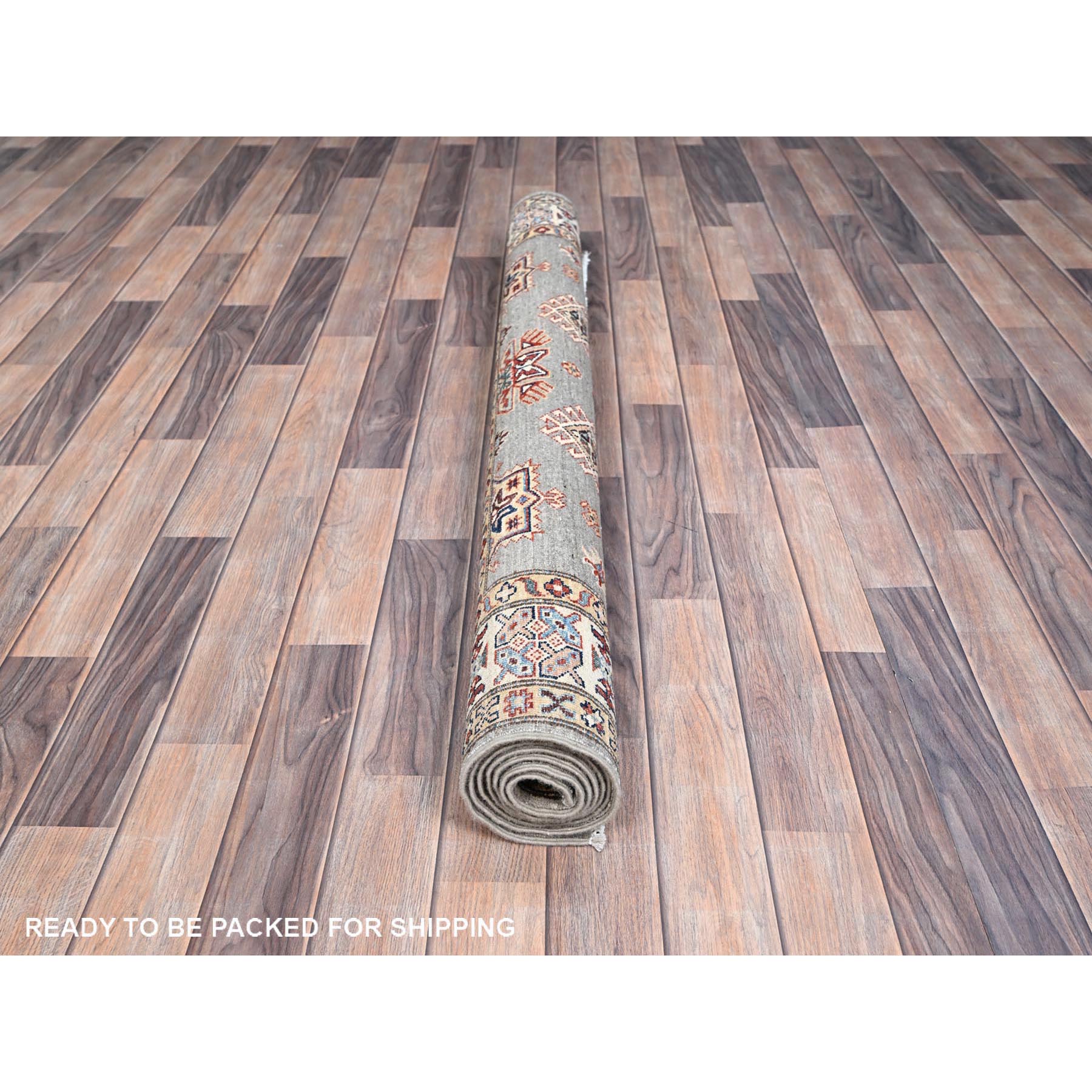 4'10"x6'6" Chinchilla Gray and Nacre White, Shiny Wool, Vegetable Dyes, Afghan Super Kazak with All Over Medallions, Hand Knotted, Denser Weave Oriental Rug HR86570 - Image 5