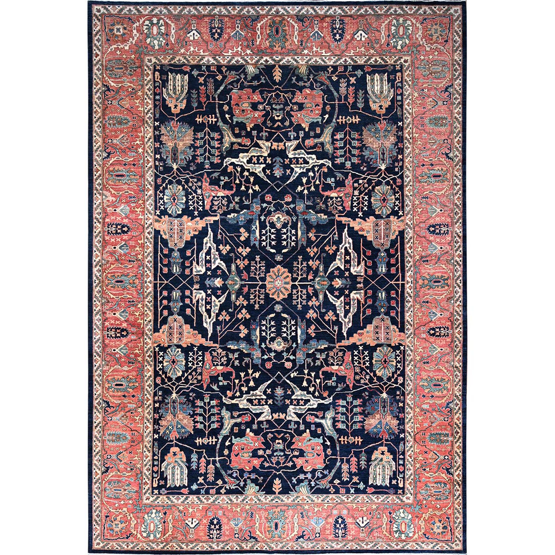 12'x17'6" Dallas Cowboys Blue With Indian Red, Aryana Bidjar Garus Design, Vegetable Dyes, Pure Wool, Hand Knotted, Oversized Oriental Rug HR86573