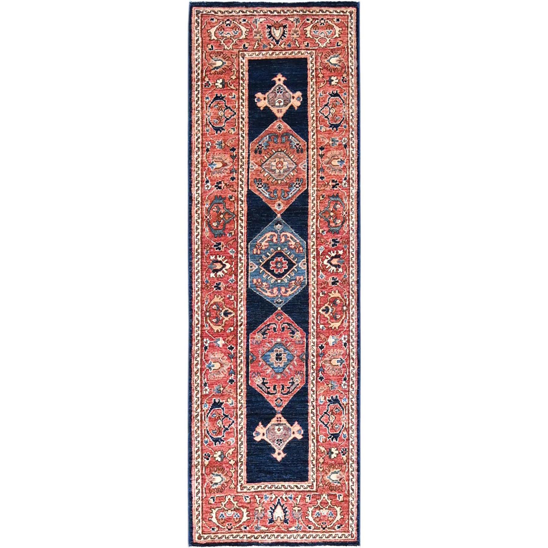2'8"x12'10" Yankees Blue With Broad Border, All Over Heriz Design, Densely Woven, 100% Wool, Hand Knotted Aryana, Oriental Runner Rug HR86596