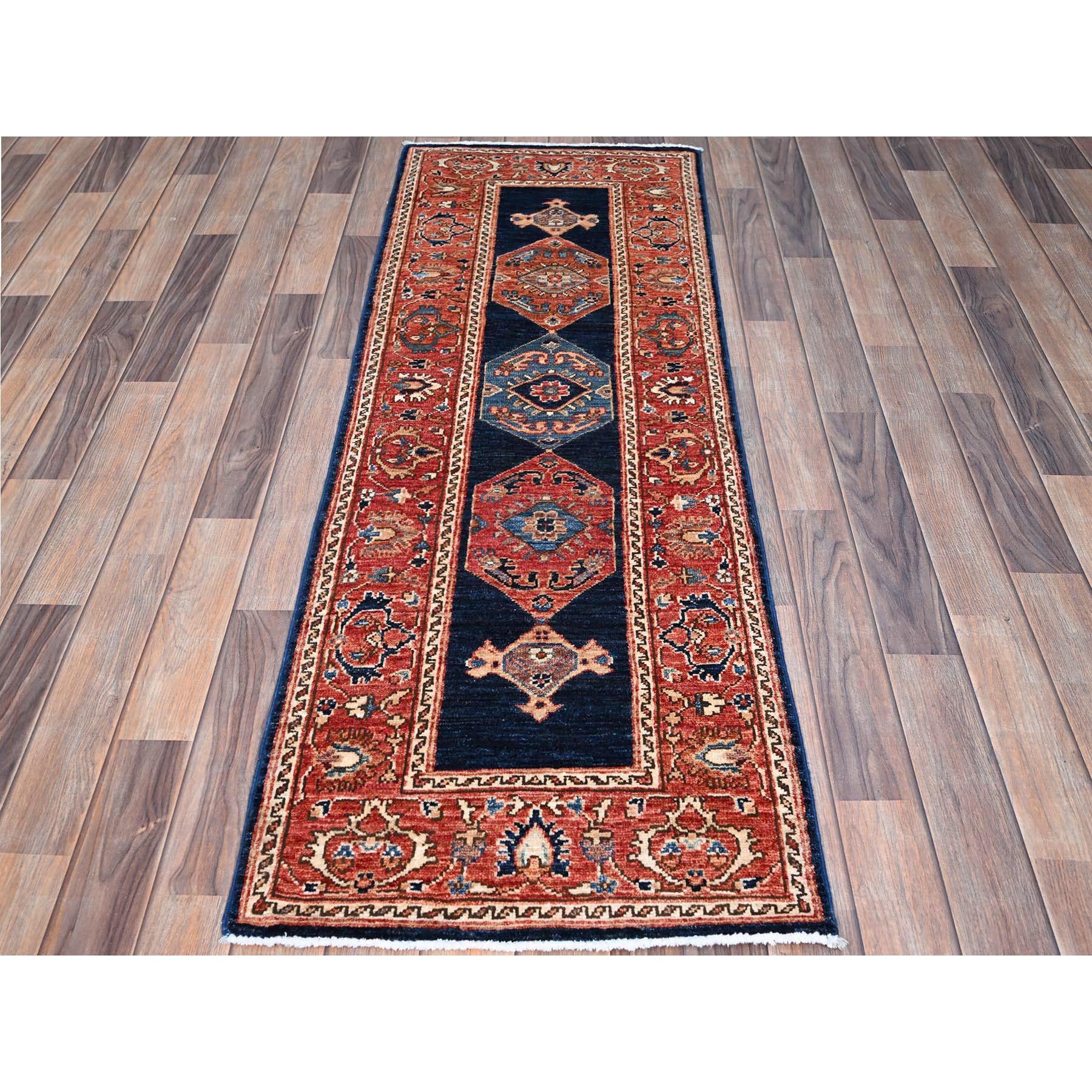2'8"x12'10" Yankees Blue With Broad Border, All Over Heriz Design, Densely Woven, 100% Wool, Hand Knotted Aryana, Oriental Runner Rug HR86596 - Image 2