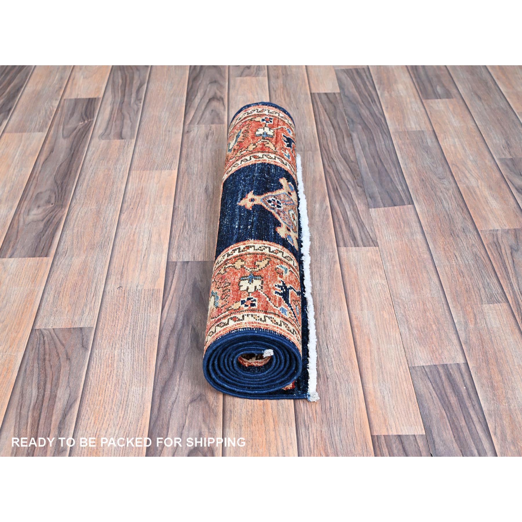 2'8"x12'10" Yankees Blue With Broad Border, All Over Heriz Design, Densely Woven, 100% Wool, Hand Knotted Aryana, Oriental Runner Rug HR86596 - Image 5