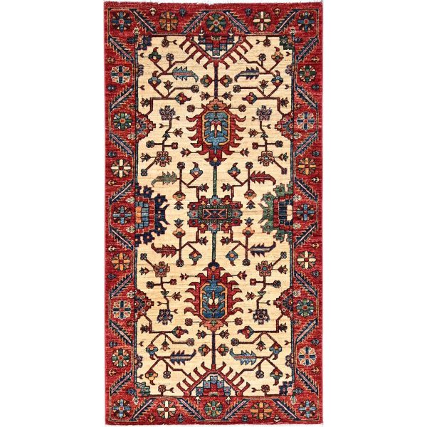 3'2"X6'1" Tuscan Beige With Carmine Red Border, Luxurious Wool, Hand Knotted, Natural Dyes, Aryana Collection, Oriental Rug HR86607