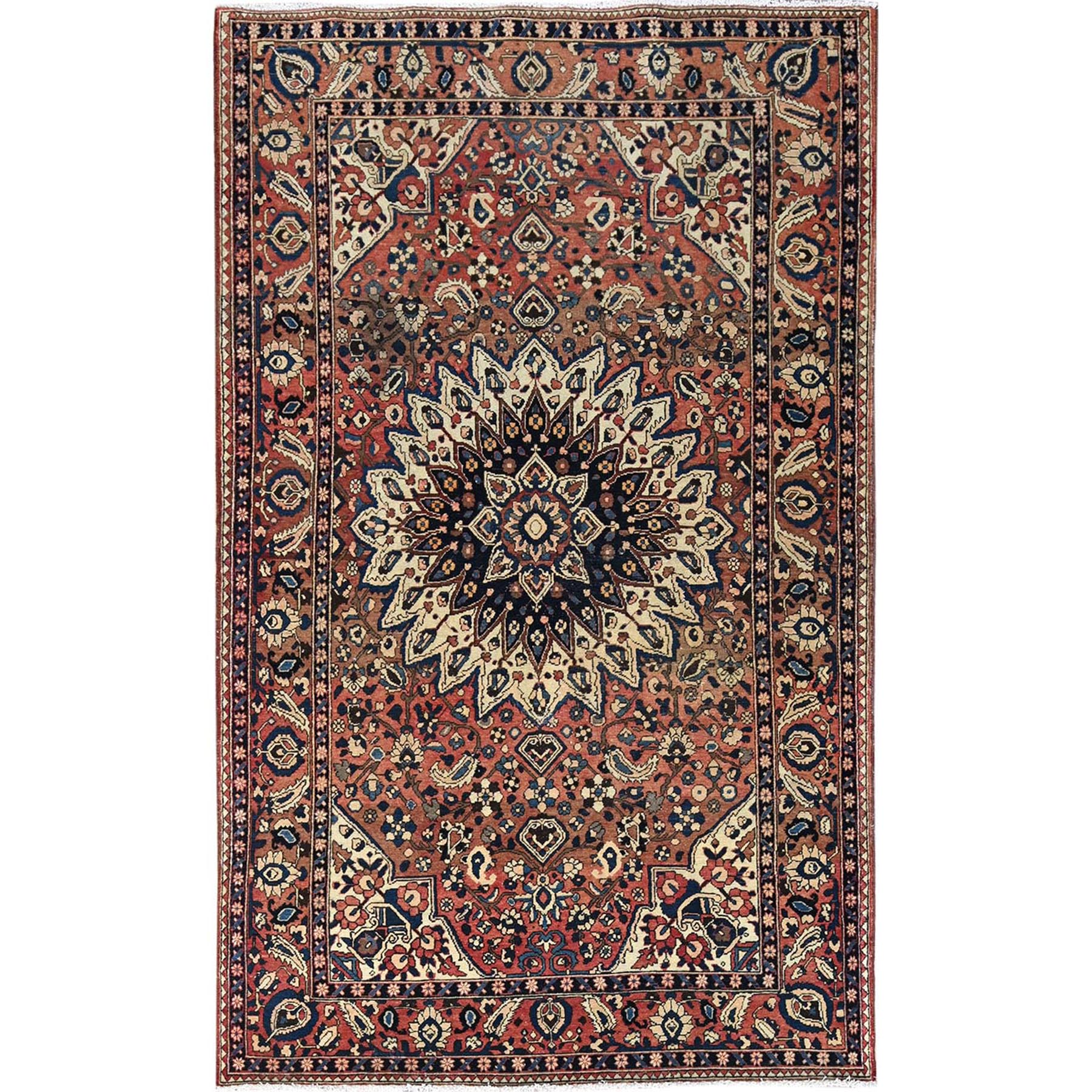 5'3"x8'6" Dusted Clay Red With Large Medallion Design, All Natural Wool, Densely Woven, Vegetable Dyes, Hand Knotted, Vintage Persian Bakhtiar Oriental Rug HR86624