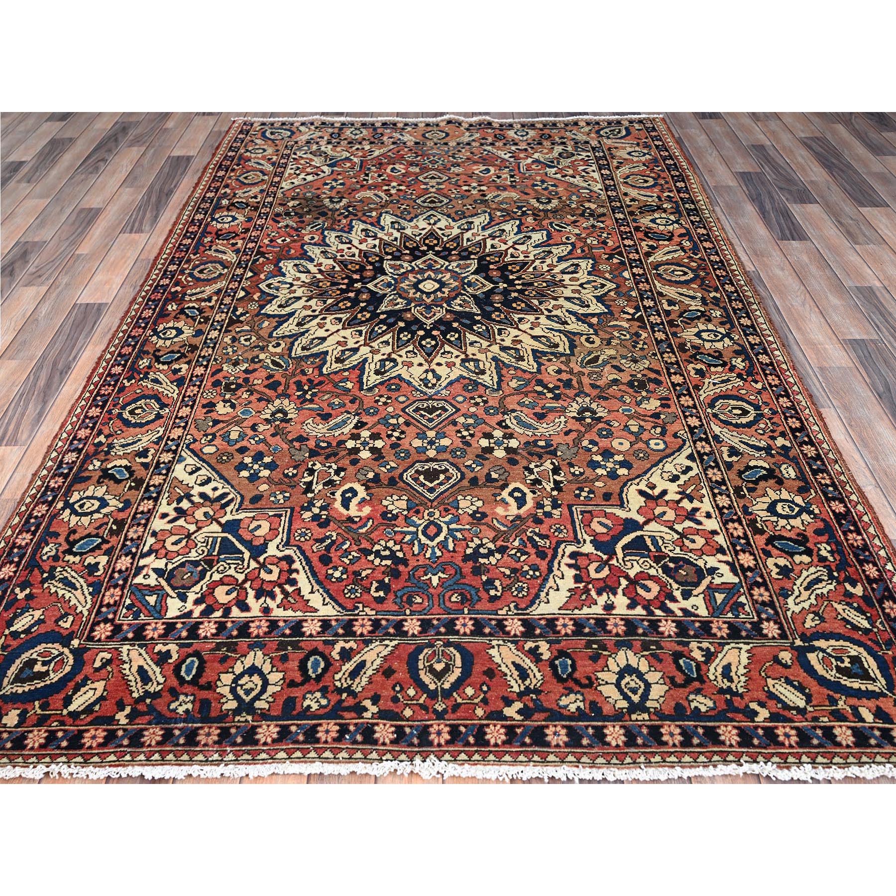5'3"x8'6" Dusted Clay Red With Large Medallion Design, All Natural Wool, Densely Woven, Vegetable Dyes, Hand Knotted, Vintage Persian Bakhtiar Oriental Rug HR86624 - Image 2