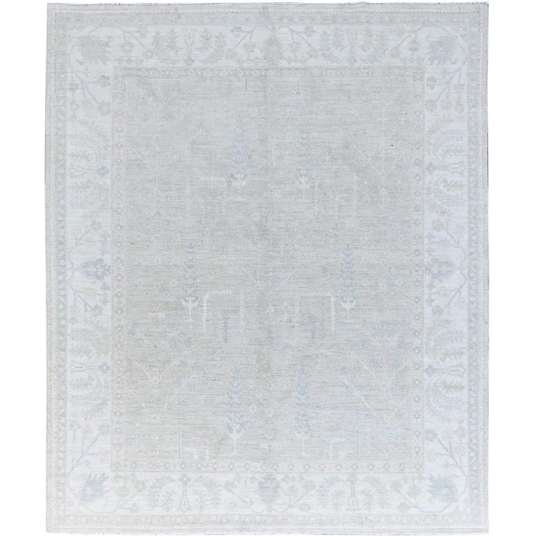 8'1"x9'7" Alabaster White, Soft Pile, White Washed Peshawar, Hand Knotted 100% Wool, Natural Dyes, Afghan Tree Design Oriental Rug HR86708