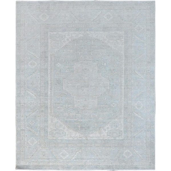 8'1"x10' Icy Gray, Hand Knotted, Soft To The Touch, Pure Wool, Vegetable Dyes, Afghan White Washed Peshawar, Geometric Design Oriental Rug HR86709