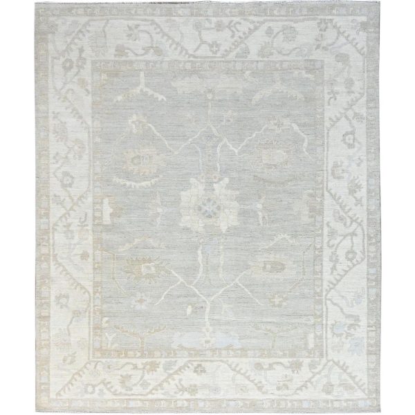 8'x9'8" Dove White and Beacon Gray Border, Hand Knotted, Soft To The Touch, Pure Vibrant Wool, Afghan White Wash Peshawar, Vegetable Dyes, Geometric Design Oriental Rug HR86710
