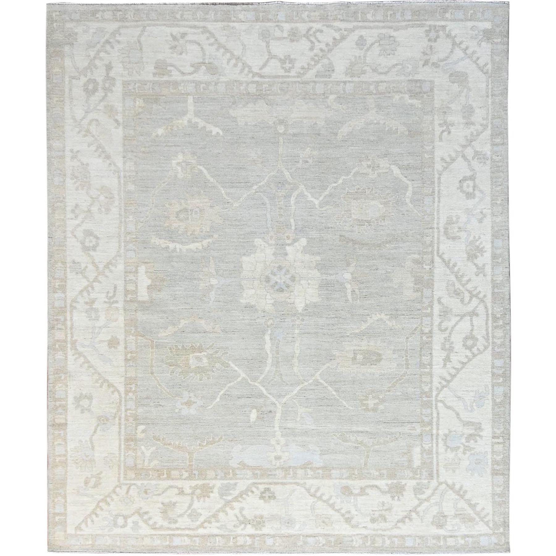 8'x9'8" Dove White and Beacon Gray Border, Hand Knotted, Soft To The Touch, Pure Vibrant Wool, Afghan White Wash Peshawar, Vegetable Dyes, Geometric Design Oriental Rug HR86710