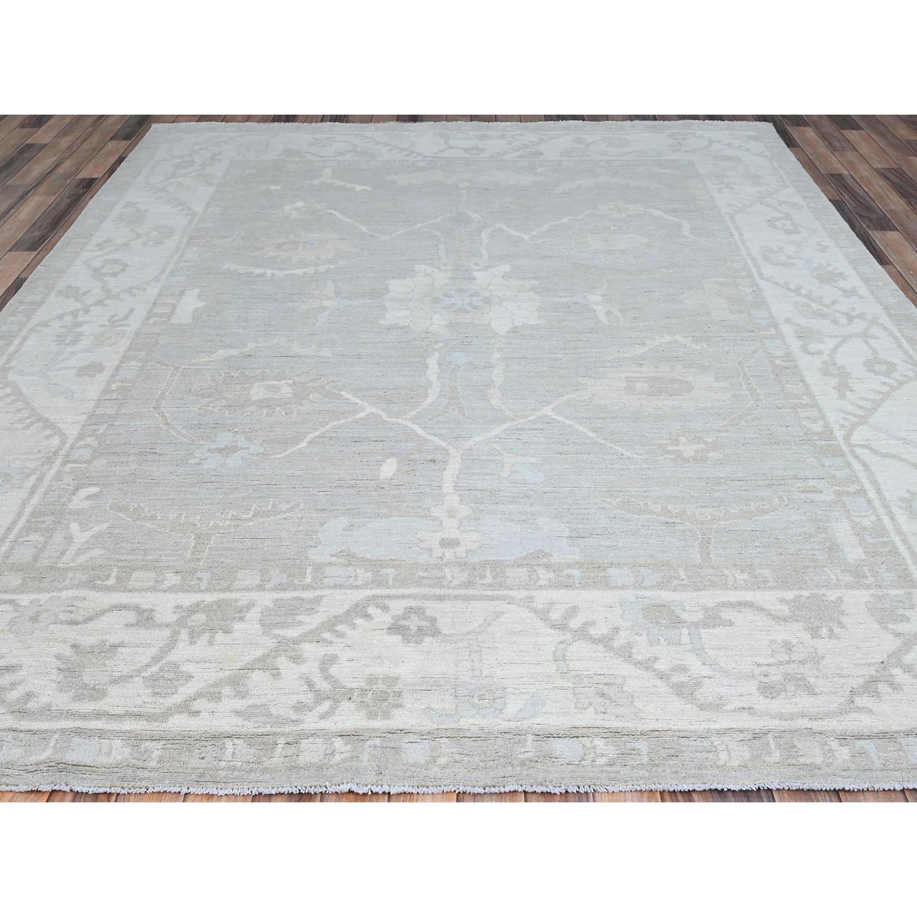 8'x9'8" Dove White and Beacon Gray Border, Hand Knotted, Soft To The Touch, Pure Vibrant Wool, Afghan White Wash Peshawar, Vegetable Dyes, Geometric Design Oriental Rug HR86710 - Image 3