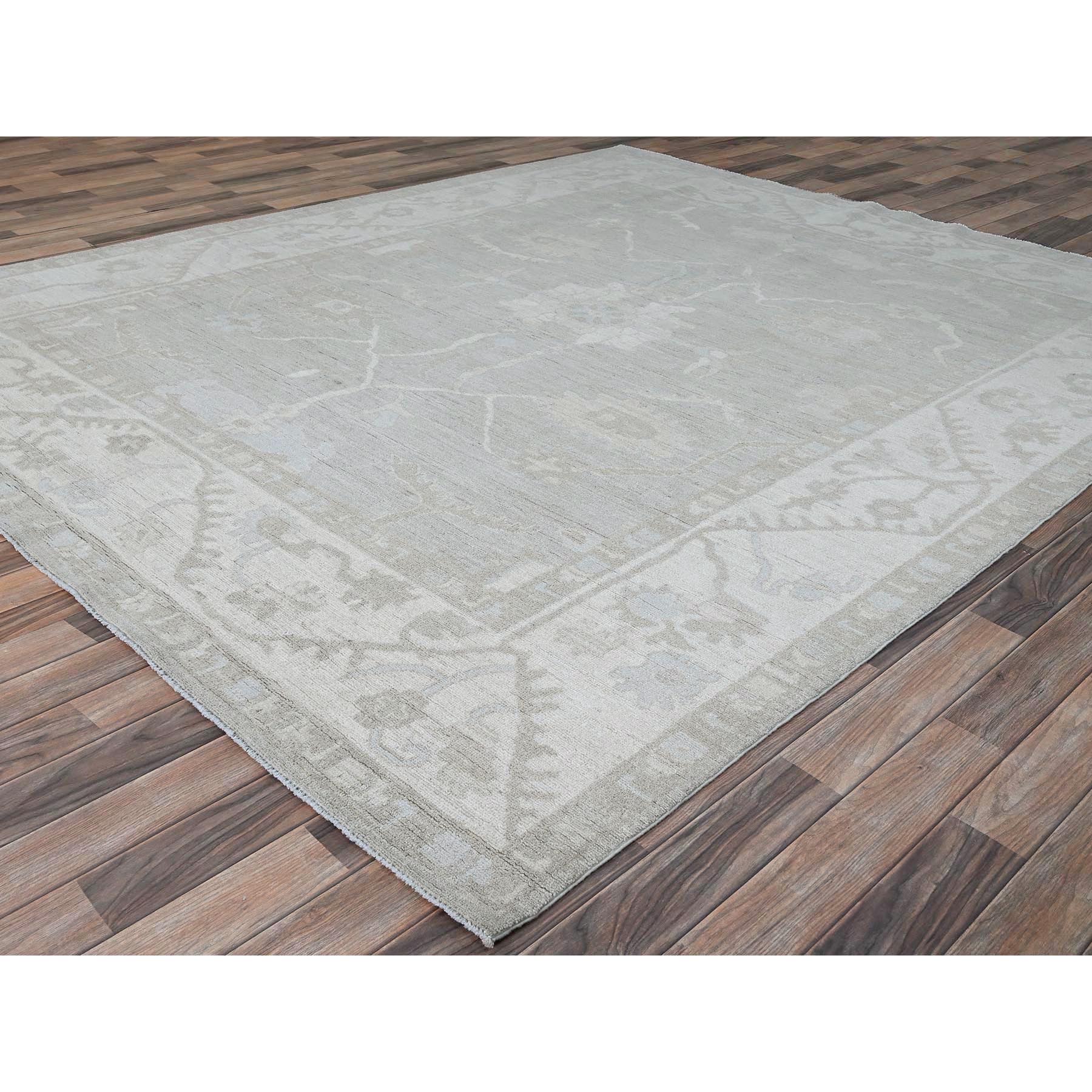 8'x9'8" Dove White and Beacon Gray Border, Hand Knotted, Soft To The Touch, Pure Vibrant Wool, Afghan White Wash Peshawar, Vegetable Dyes, Geometric Design Oriental Rug HR86710 - Image 4
