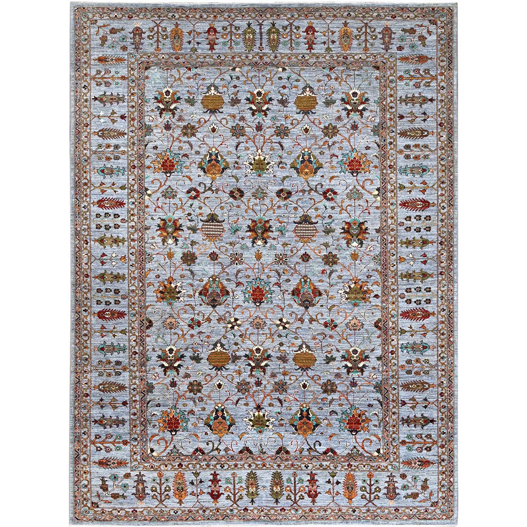9'2"x12'4" Oxford Gray, Extra Soft Wool, Hand Knotted, Densely Woven, Afghan Sultani Pomegranate Design, Vegetable Dyes, Oriental Rug HR86715
