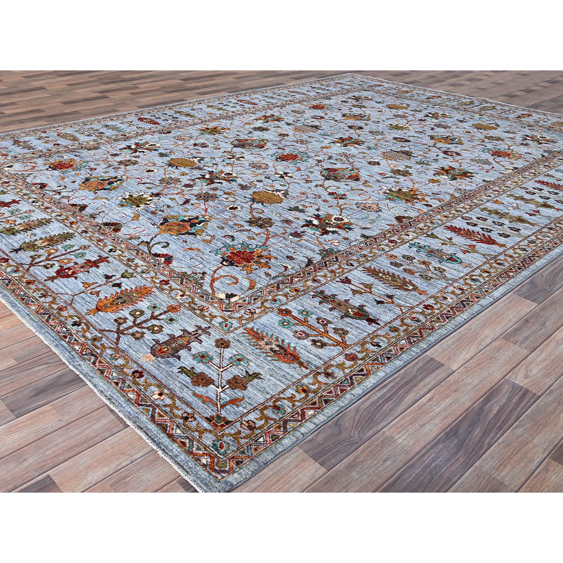 9'2"x12'4" Oxford Gray, Extra Soft Wool, Hand Knotted, Densely Woven, Afghan Sultani Pomegranate Design, Vegetable Dyes, Oriental Rug HR86715 - Image 4