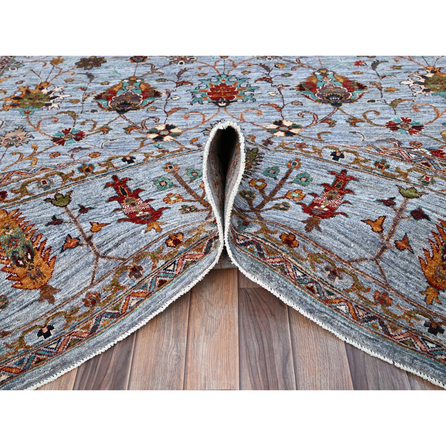 9'2"x12'4" Oxford Gray, Extra Soft Wool, Hand Knotted, Densely Woven, Afghan Sultani Pomegranate Design, Vegetable Dyes, Oriental Rug HR86715 - Image 6