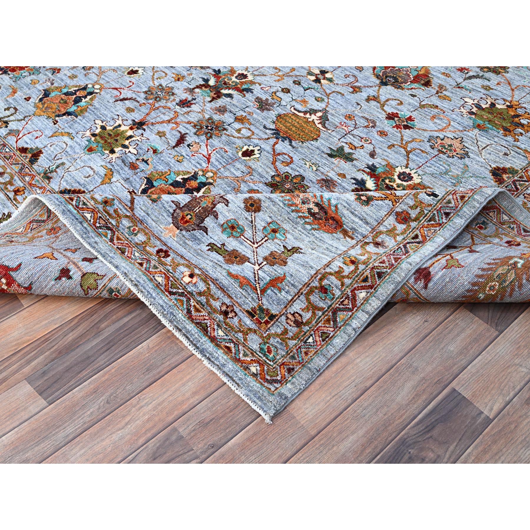 9'2"x12'4" Oxford Gray, Extra Soft Wool, Hand Knotted, Densely Woven, Afghan Sultani Pomegranate Design, Vegetable Dyes, Oriental Rug HR86715 - Image 7