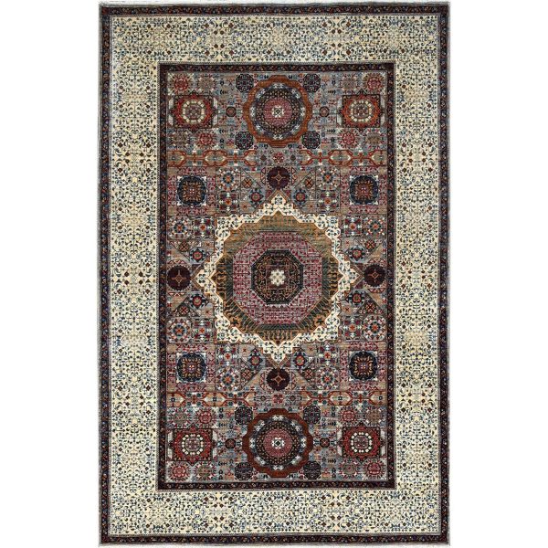 6'1"x9'3" Alloy Gray and Alabaster White Border, Hand Knotted 14th Century Mamluk Dynasty With Geometric Motifs Design, 200 KPSI, Vegetable Dyes, 100% Wool, Oriental Rug HR86742