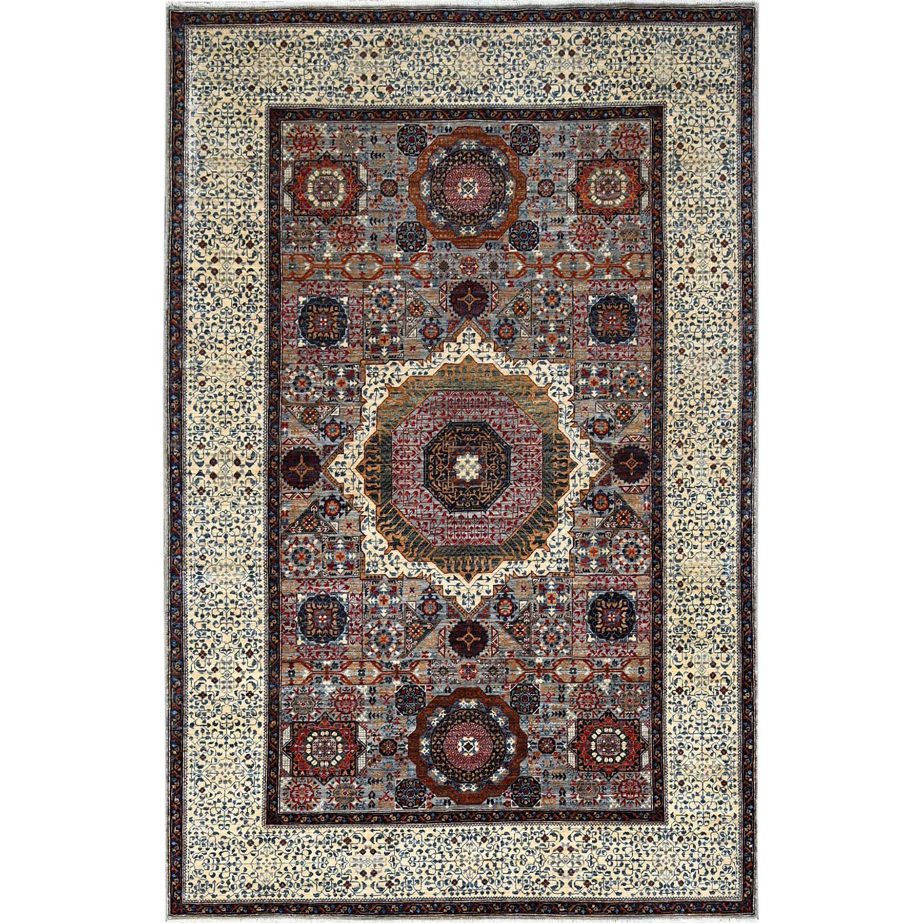 6'1"x9'3" Alloy Gray and Alabaster White Border, Hand Knotted 14th Century Mamluk Dynasty With Geometric Motifs Design, 200 KPSI, Vegetable Dyes, 100% Wool, Oriental Rug HR86742