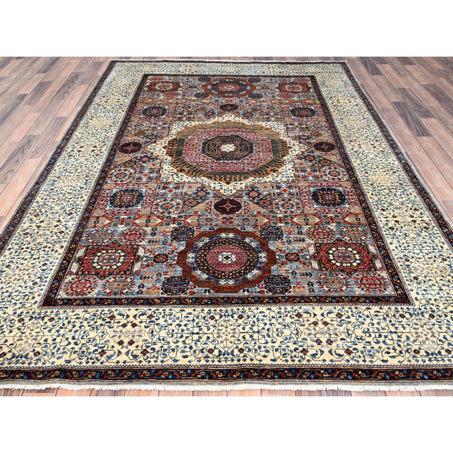 6'1"x9'3" Alloy Gray and Alabaster White Border, Hand Knotted 14th Century Mamluk Dynasty With Geometric Motifs Design, 200 KPSI, Vegetable Dyes, 100% Wool, Oriental Rug HR86742 - Image 3
