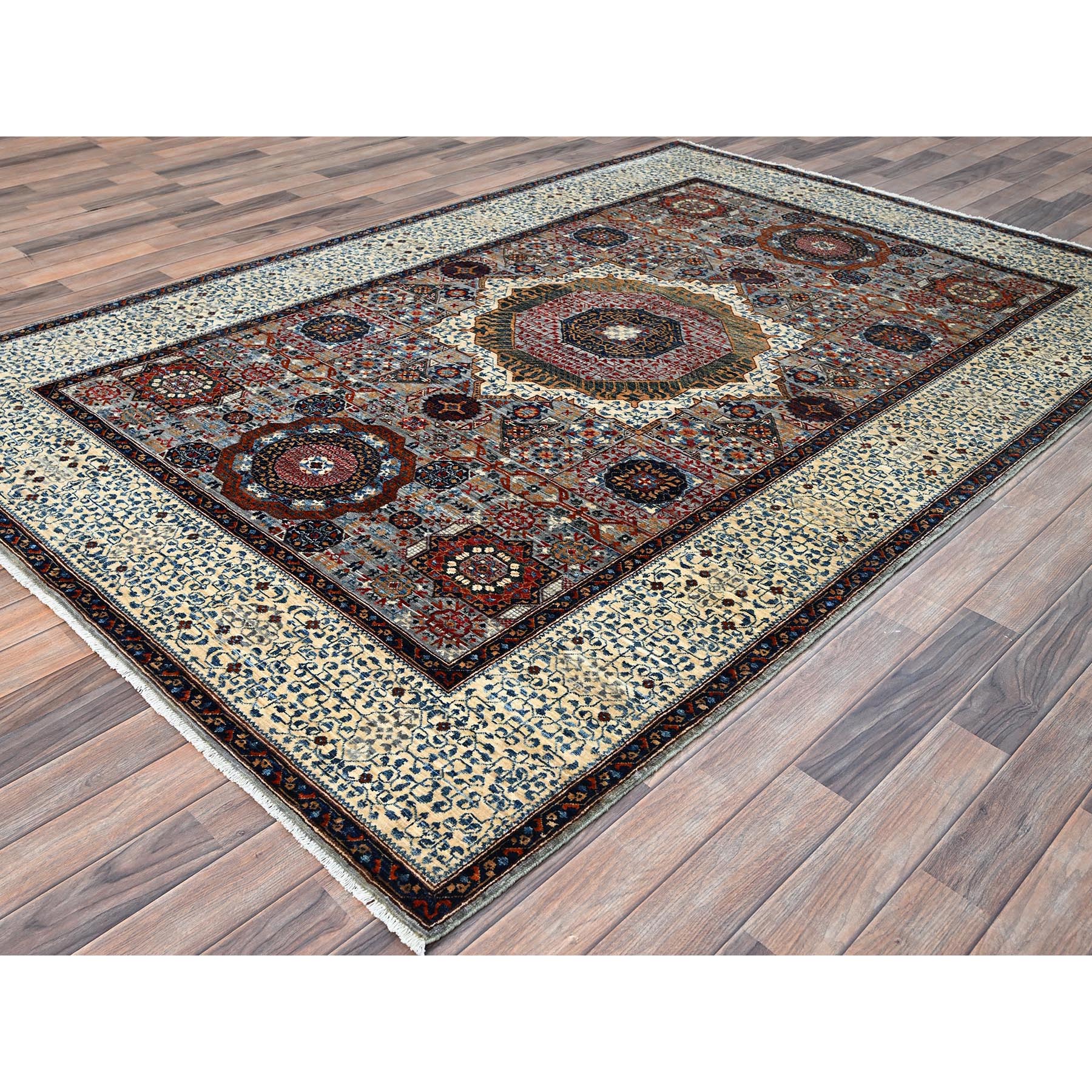 6'1"x9'3" Alloy Gray and Alabaster White Border, Hand Knotted 14th Century Mamluk Dynasty With Geometric Motifs Design, 200 KPSI, Vegetable Dyes, 100% Wool, Oriental Rug HR86742 - Image 4