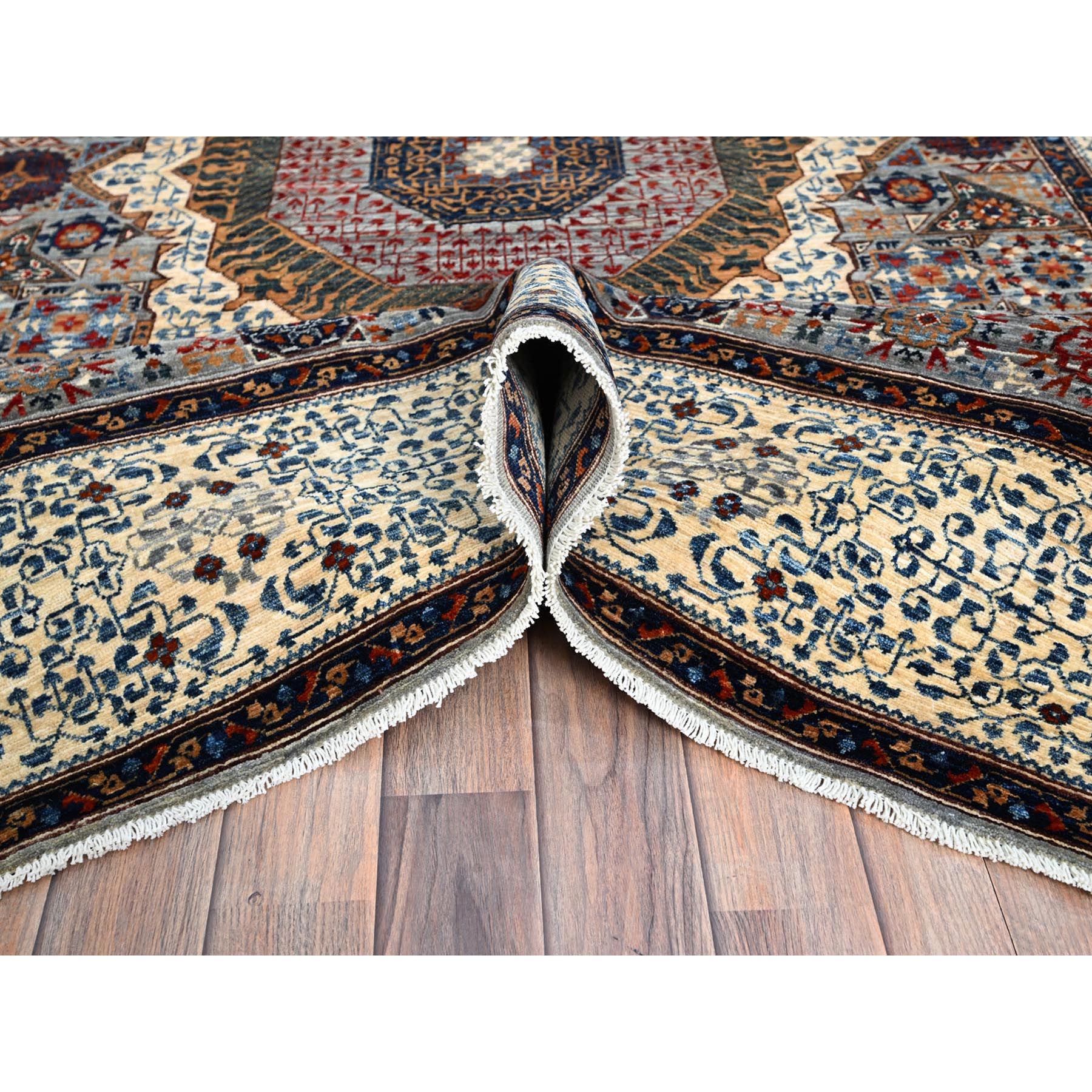 6'1"x9'3" Alloy Gray and Alabaster White Border, Hand Knotted 14th Century Mamluk Dynasty With Geometric Motifs Design, 200 KPSI, Vegetable Dyes, 100% Wool, Oriental Rug HR86742 - Image 6
