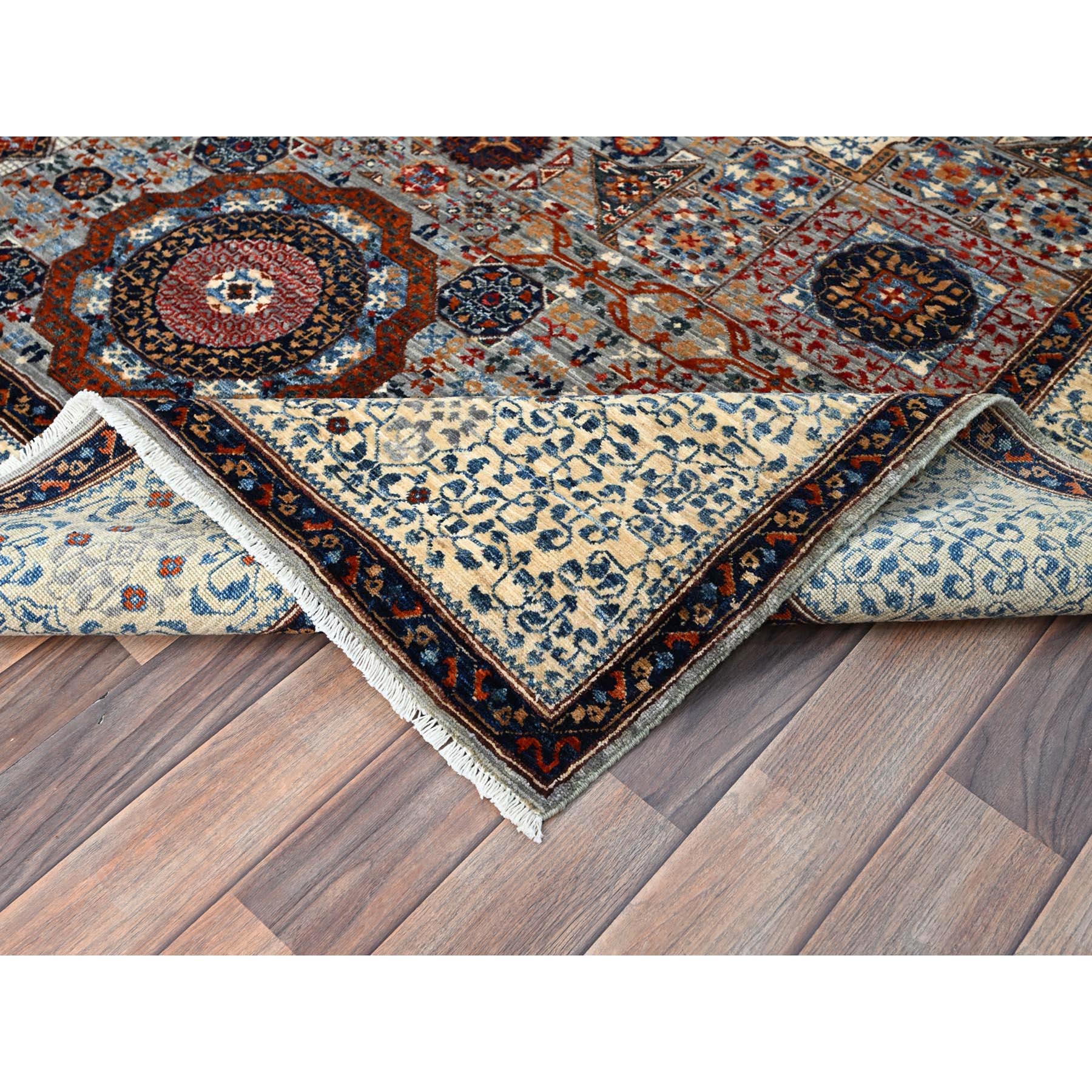 6'1"x9'3" Alloy Gray and Alabaster White Border, Hand Knotted 14th Century Mamluk Dynasty With Geometric Motifs Design, 200 KPSI, Vegetable Dyes, 100% Wool, Oriental Rug HR86742 - Image 7